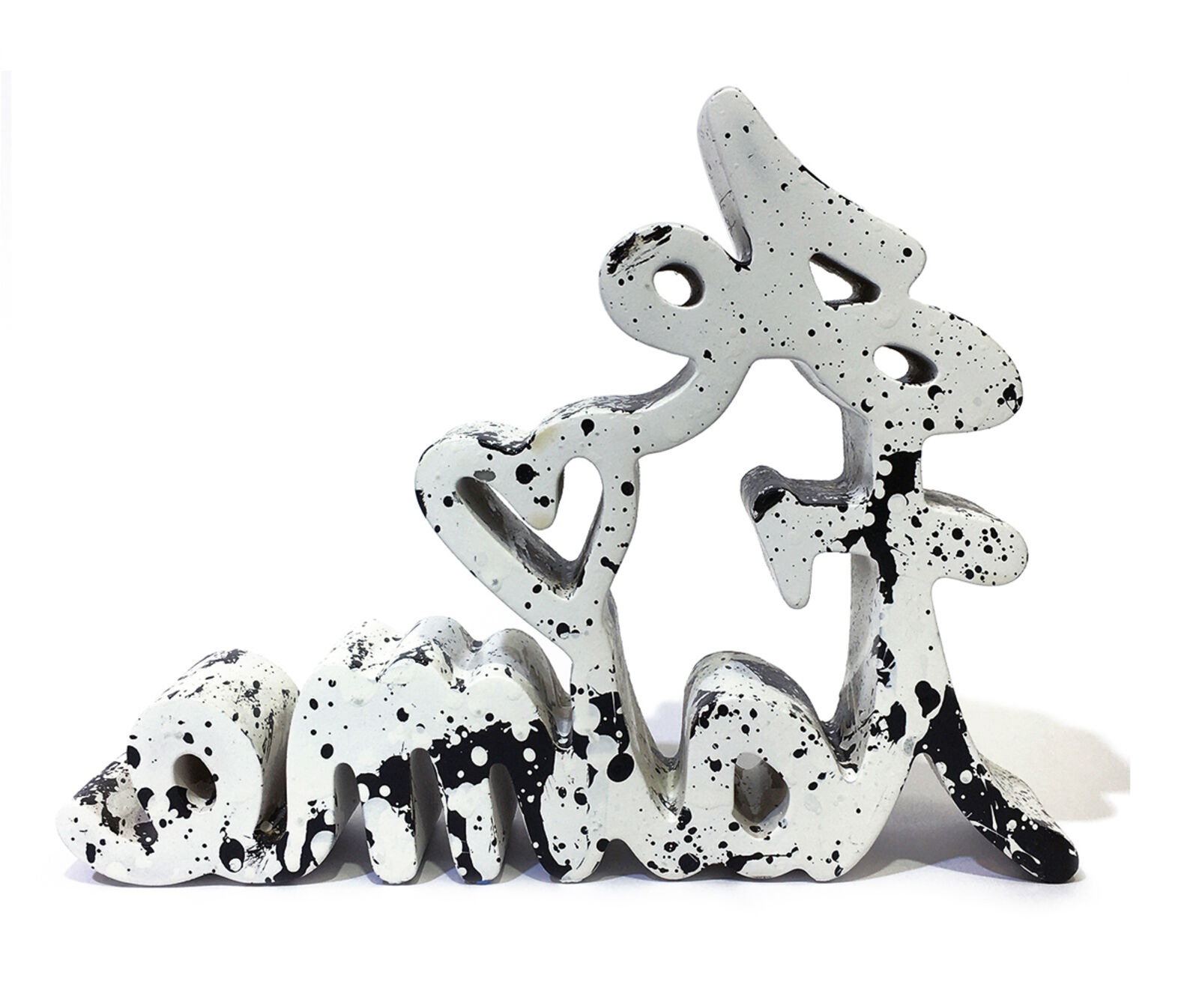 A black and white sculpture of the word love on a white background.