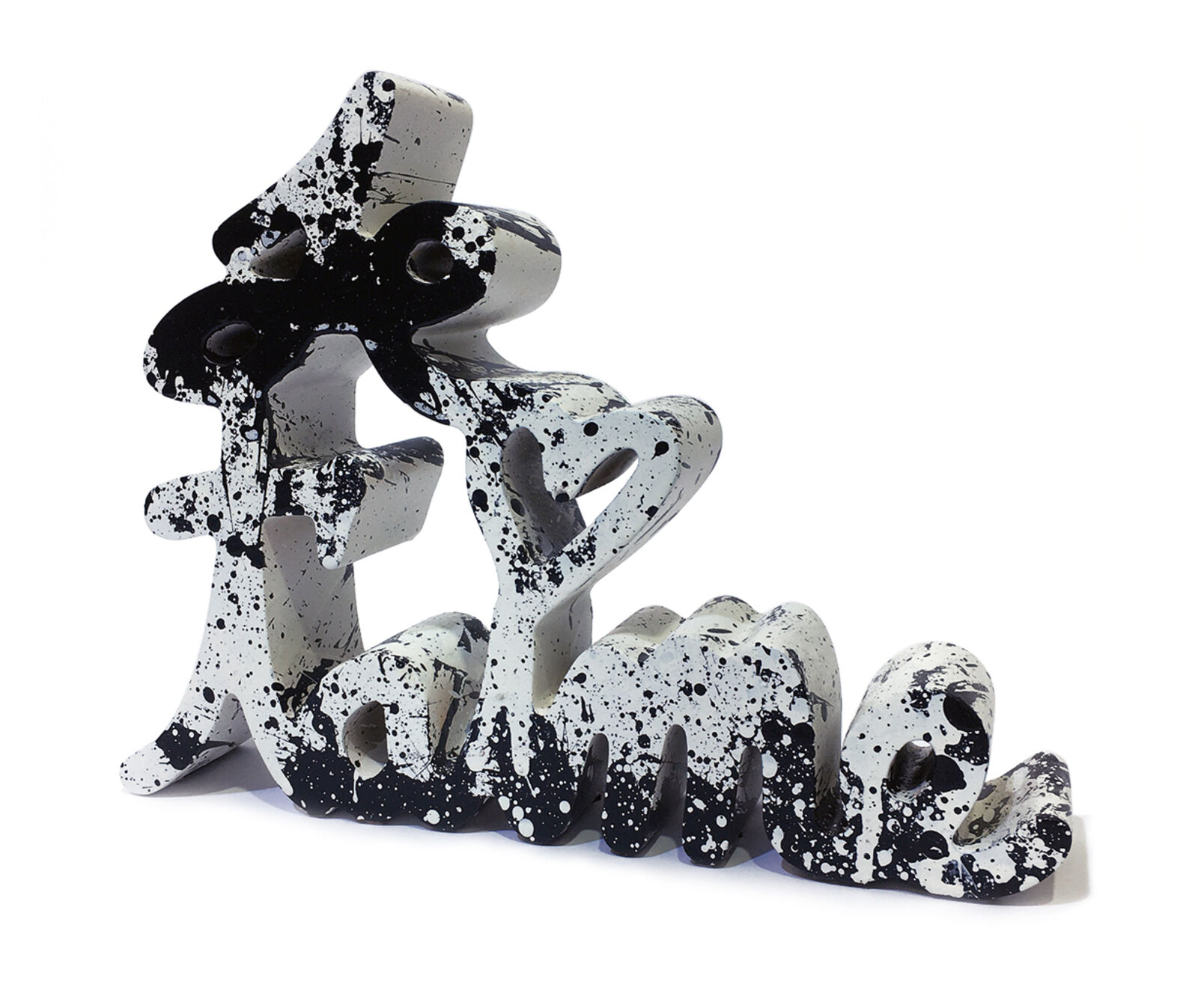 A black and white sculpture of the word love on a white background.