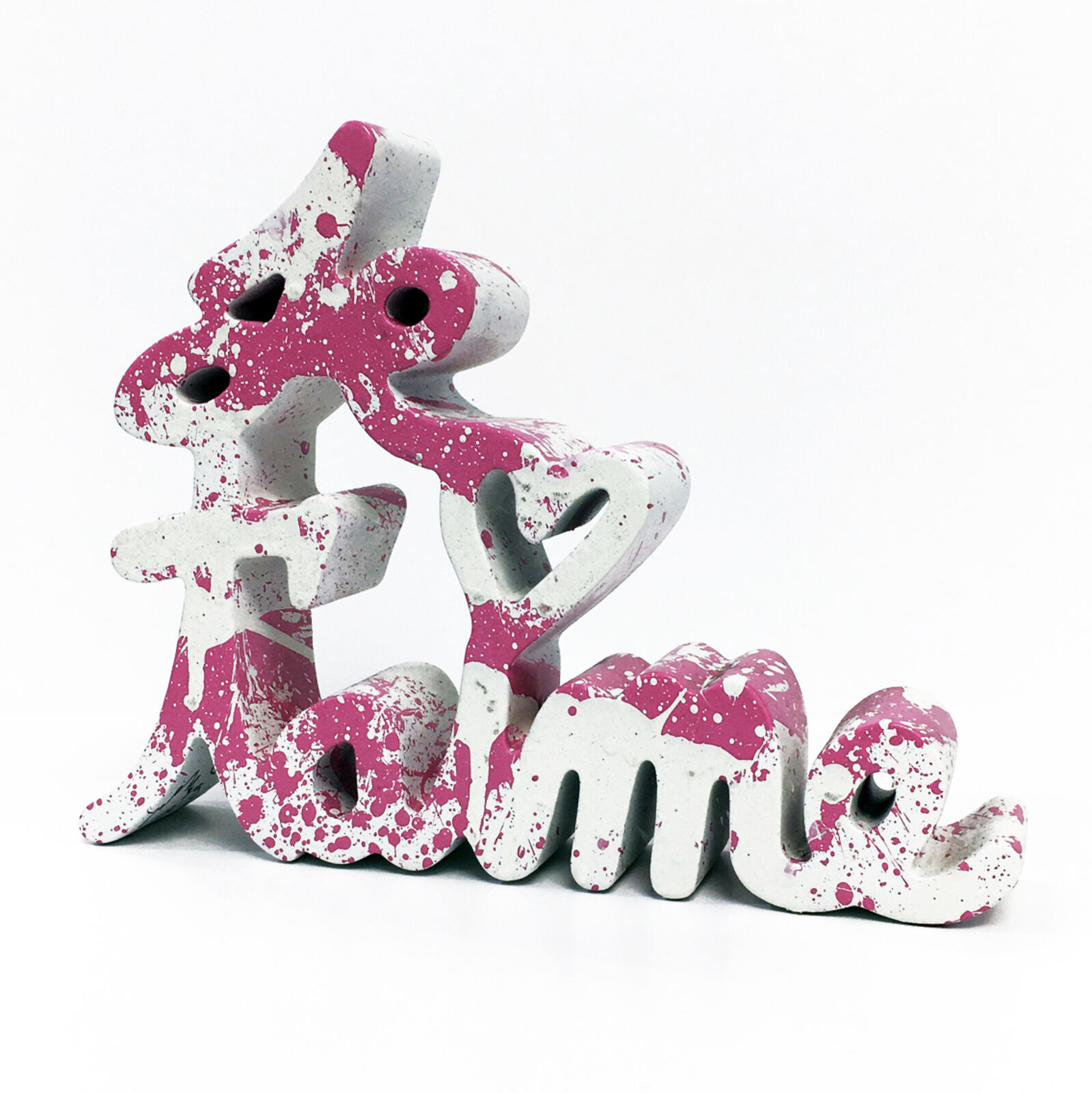 A pink and white wooden sign that says "love" on a white background.