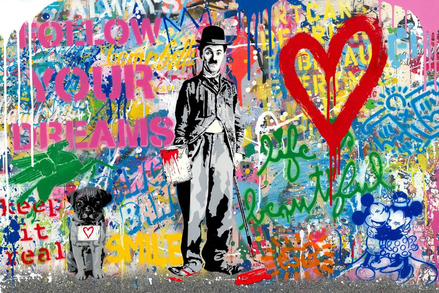 A painting of a man with a cane and a dog in front of a wall covered in graffiti.