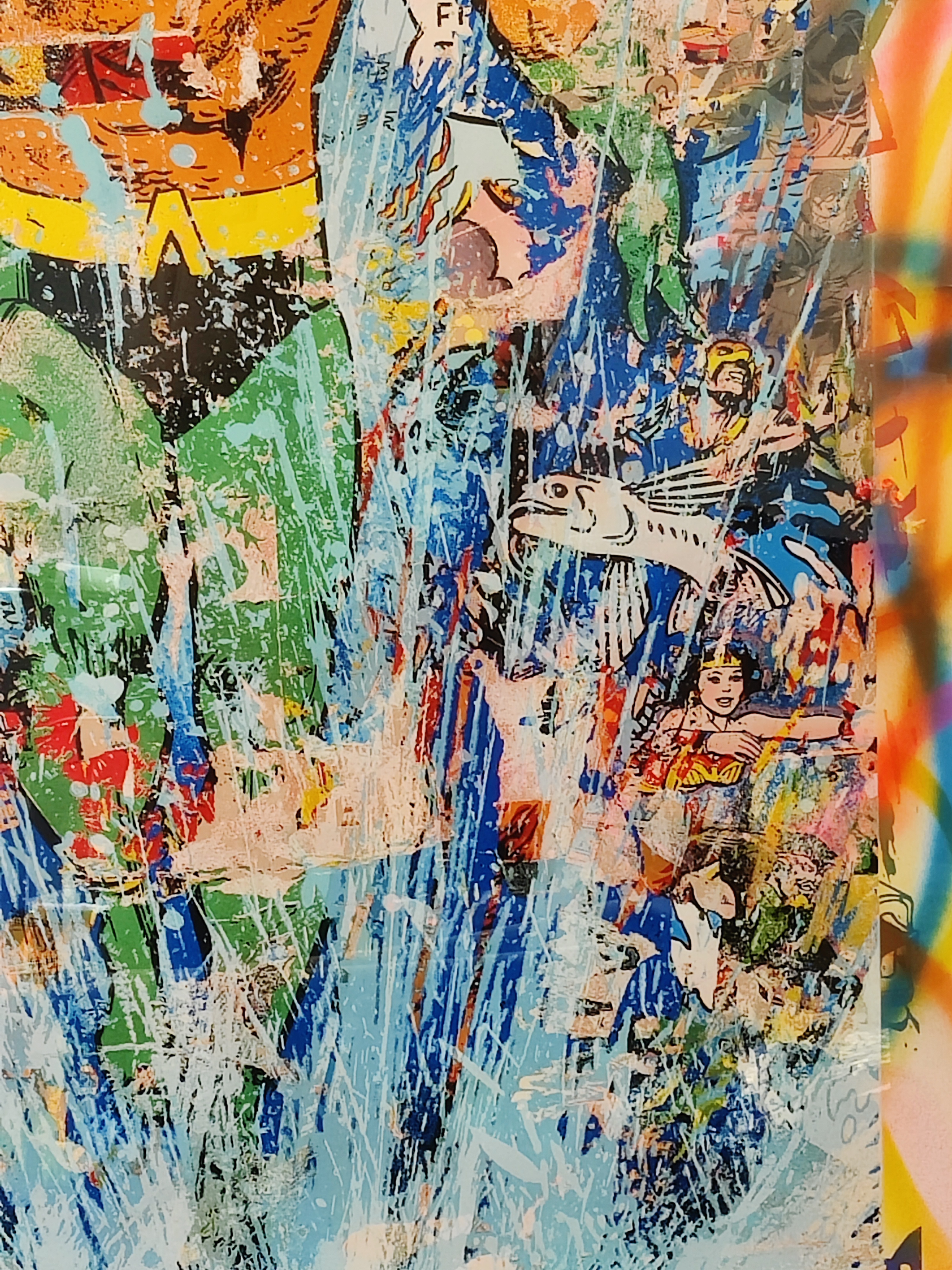 A painting of a man standing in front of a colorful background.
