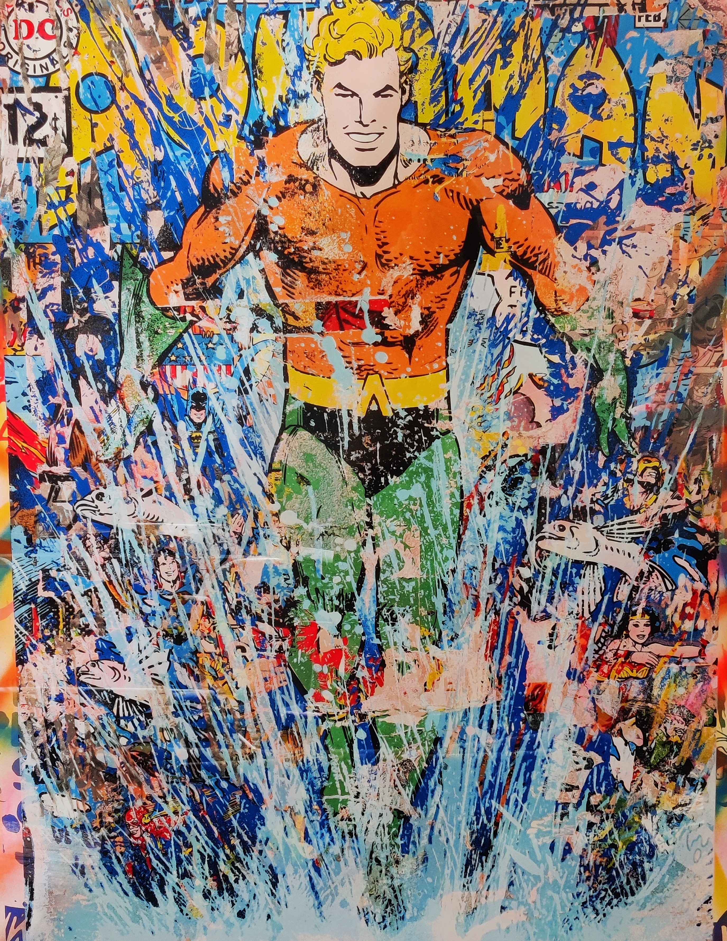 A painting of a man standing in front of a colorful background.