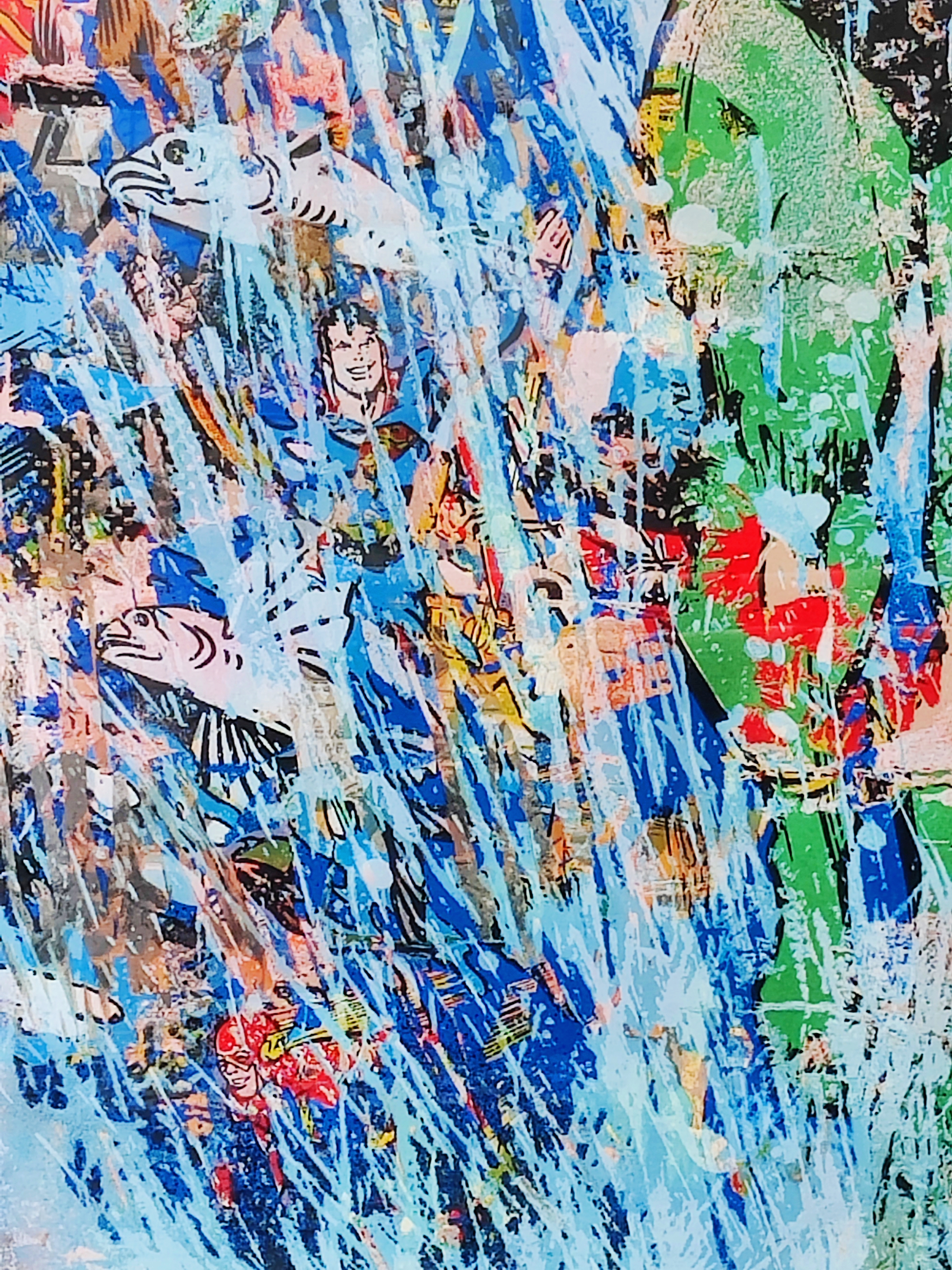 A painting of a man standing in front of a colorful background.