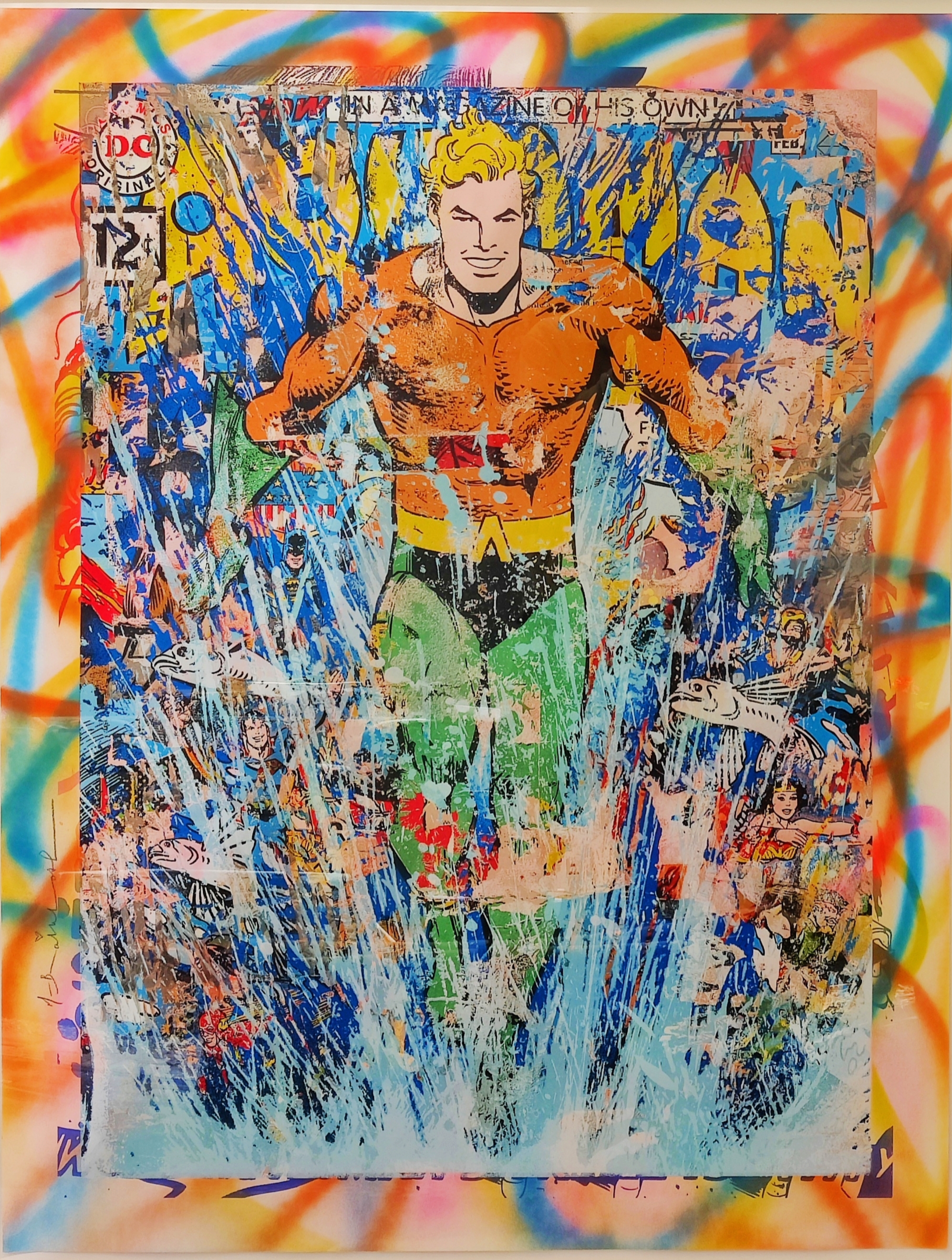 A painting of a man standing in front of a colorful background.