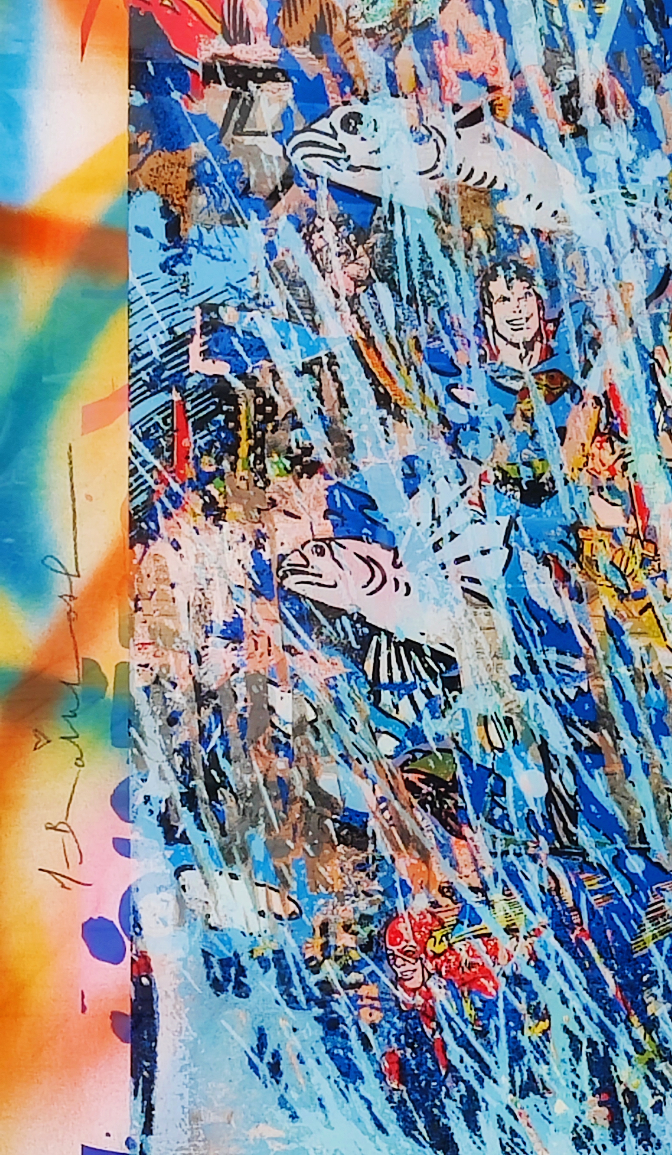 A painting of a man standing in front of a colorful background.