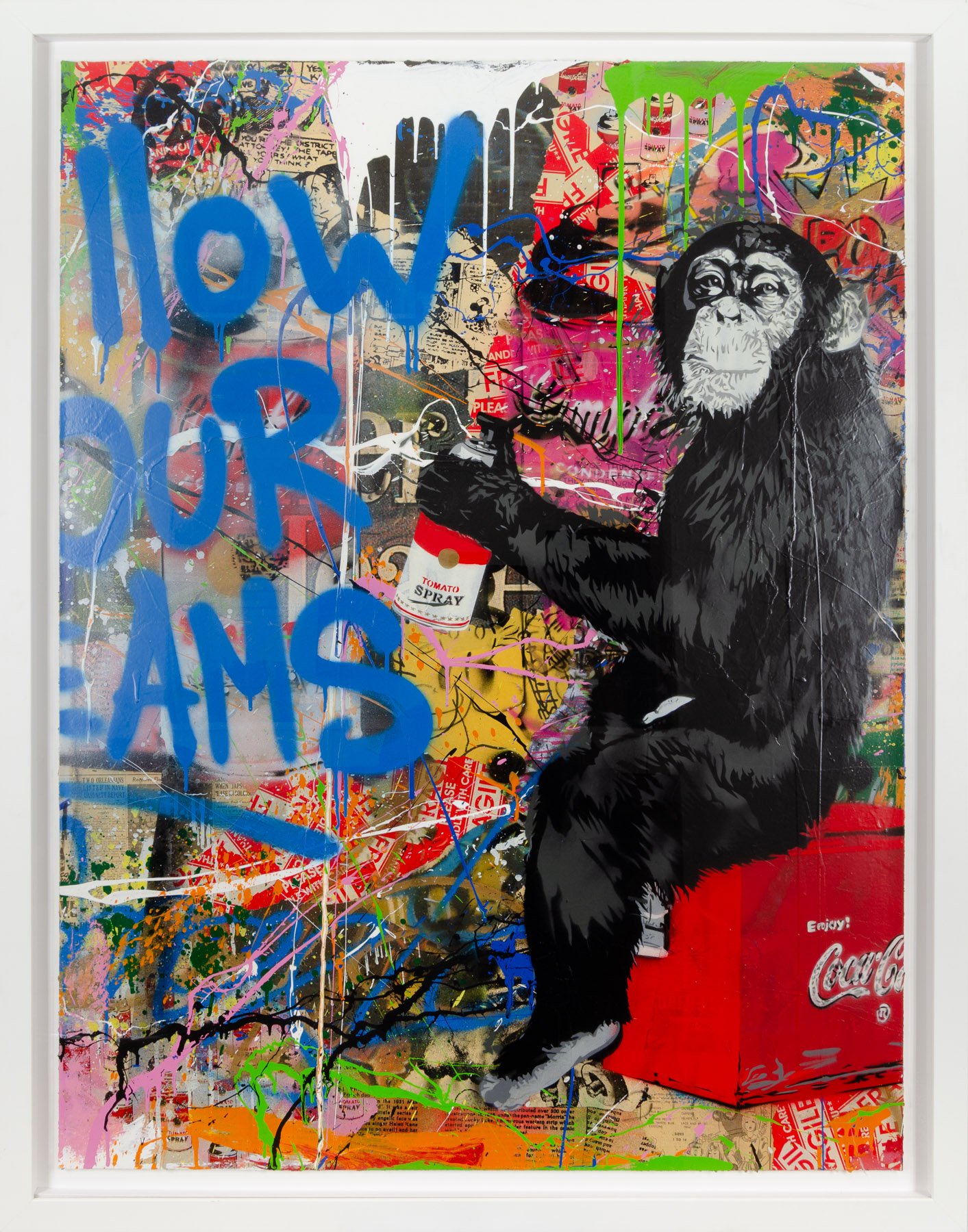 A painting of a monkey sitting on top of a red box.