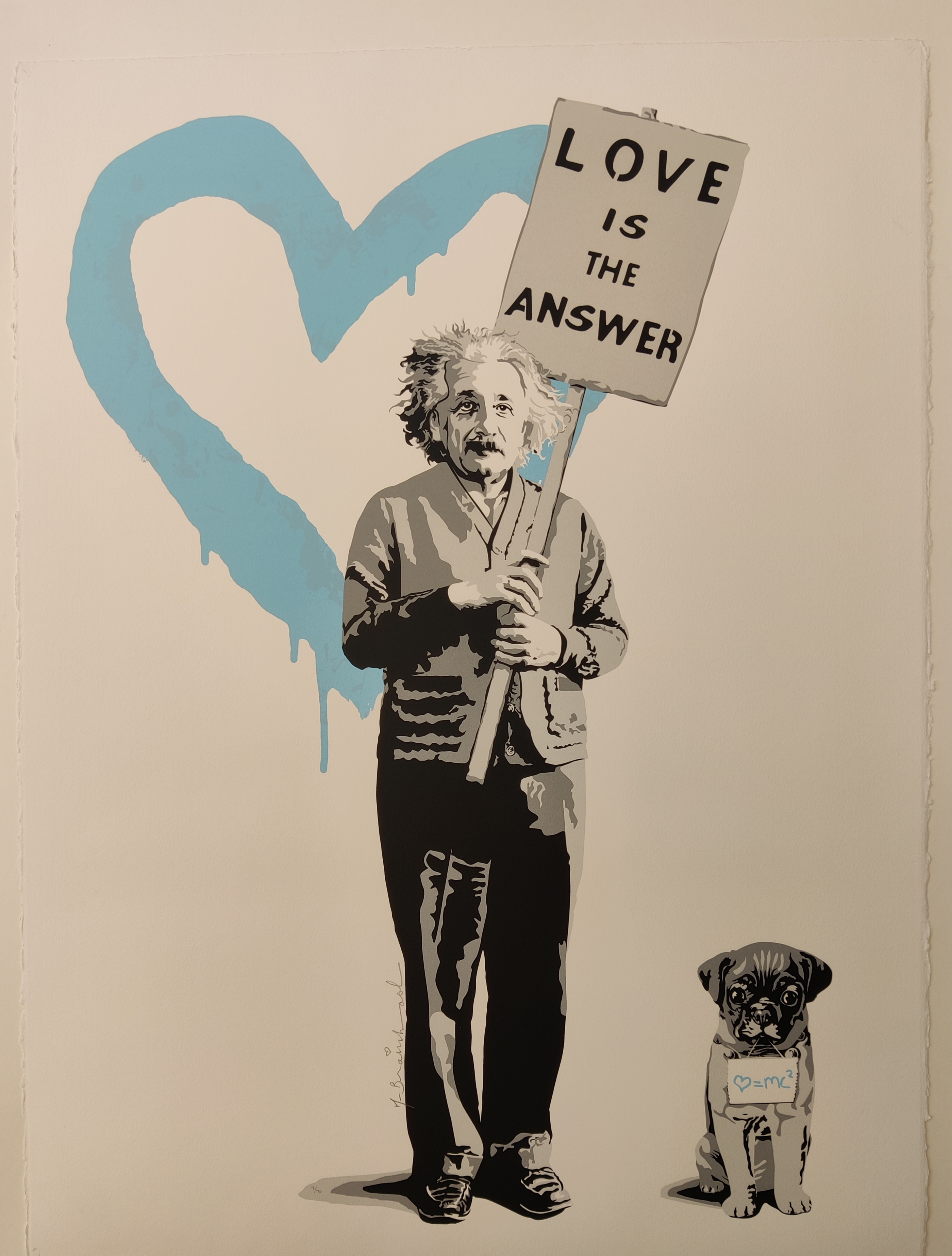 A painting of a man holding a sign that says love is the answer.