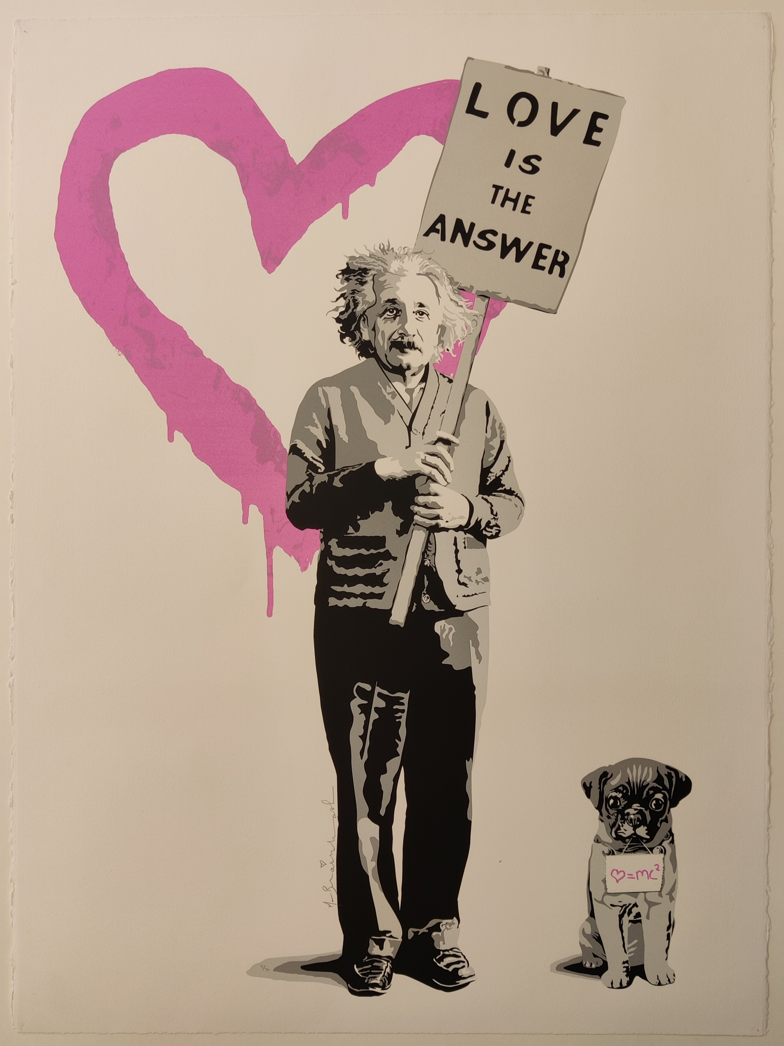 A painting of a man holding a sign that says love is the answer.