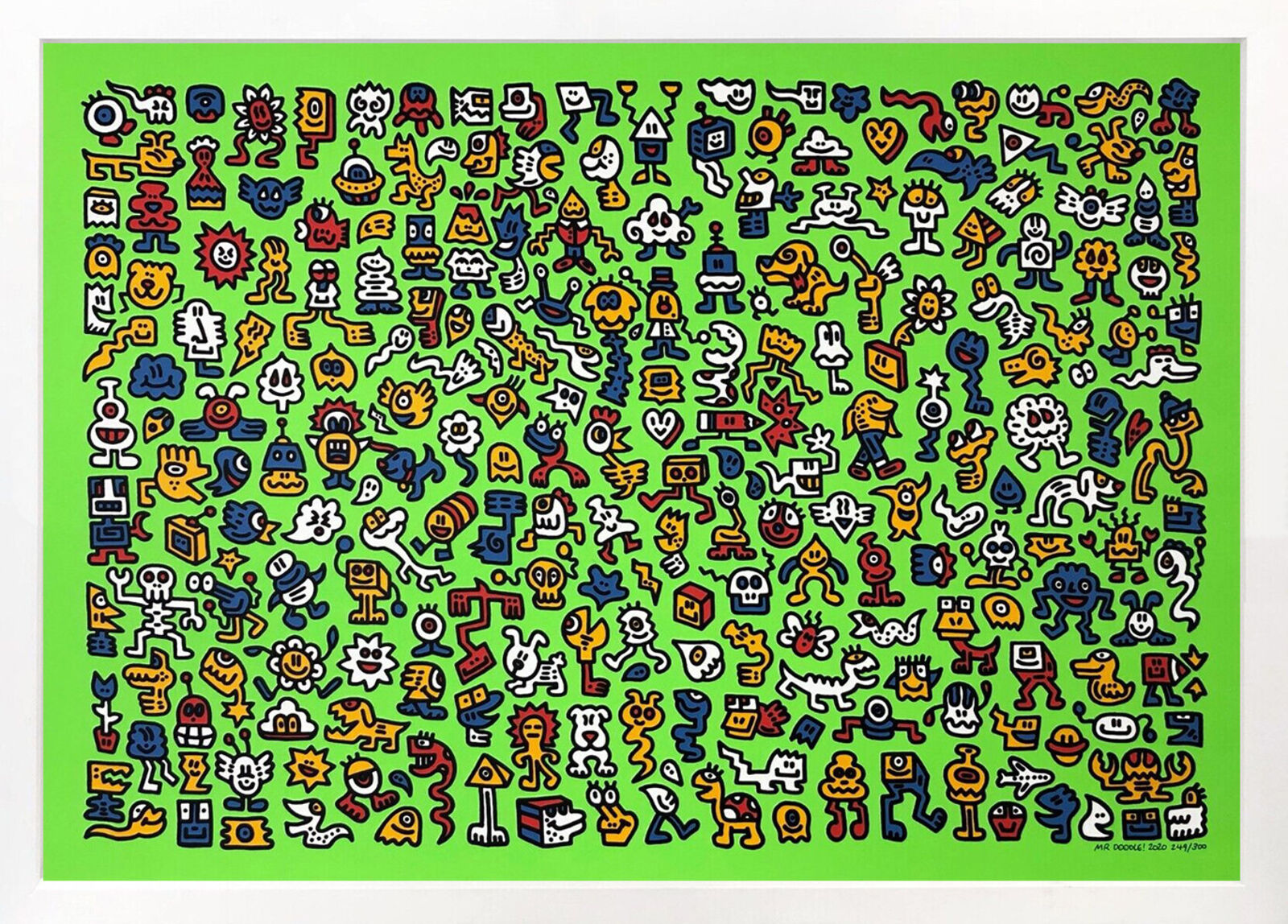 A large group of cartoon characters on a green background.