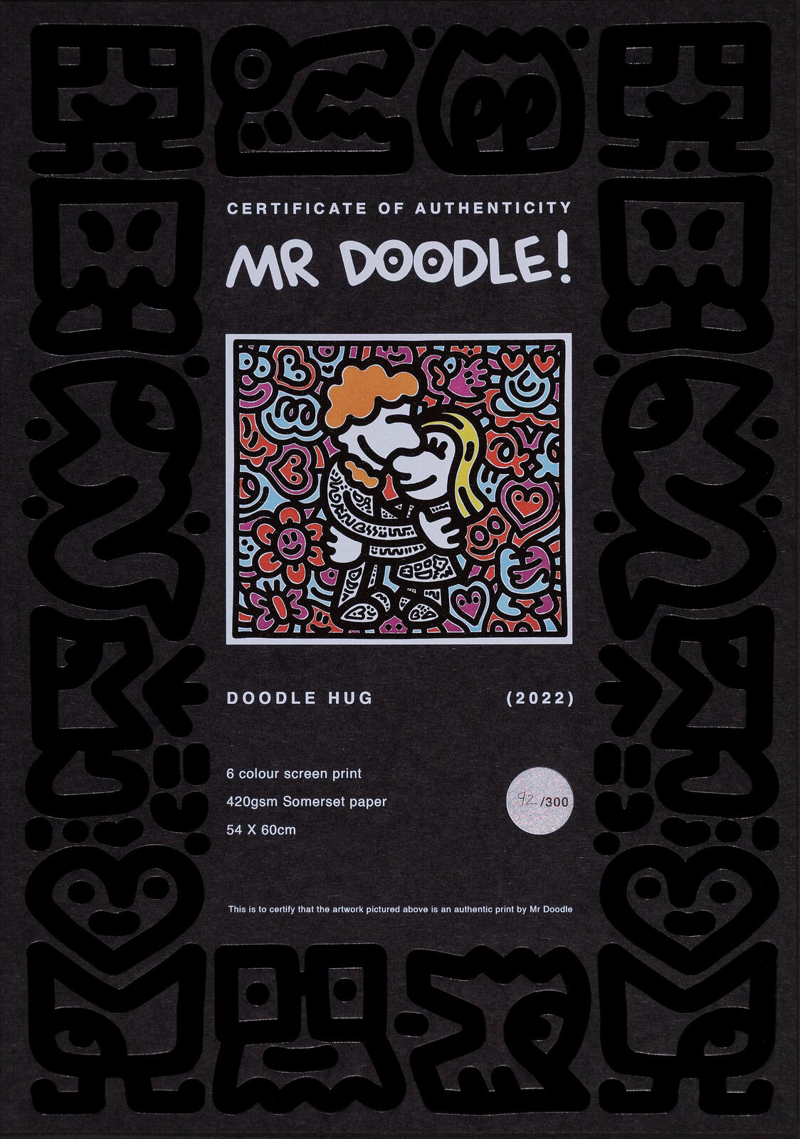 A painting of a man and a woman kissing in front of hearts.