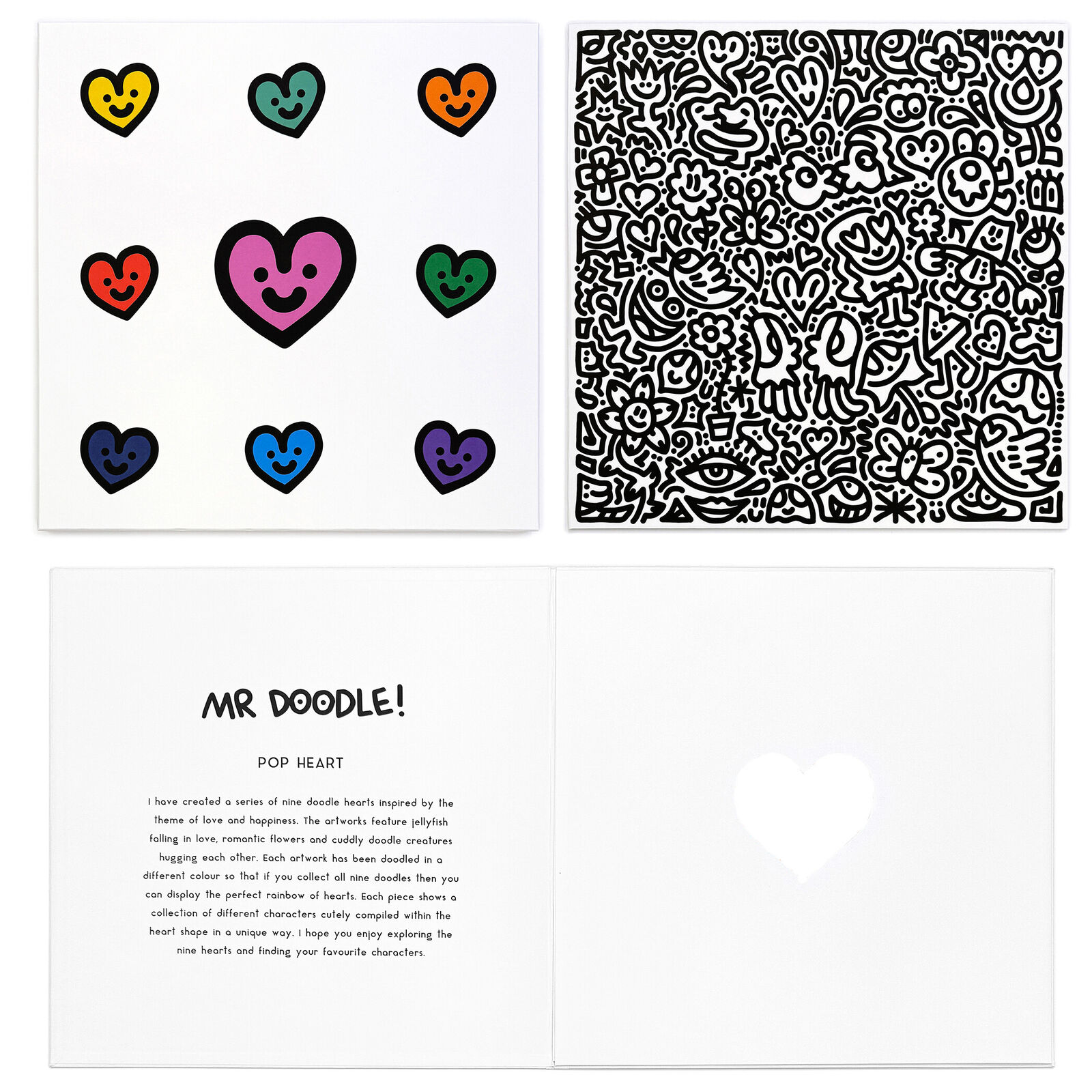 An orange heart made up of doodles in a white frame.
