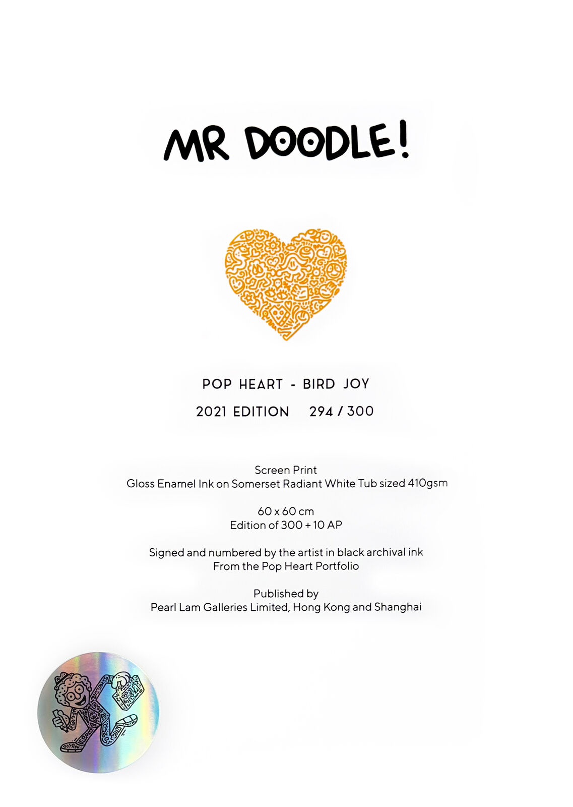 An orange heart made up of doodles in a white frame.