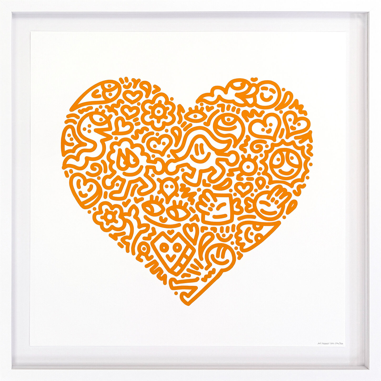 An orange heart made up of doodles in a white frame.
