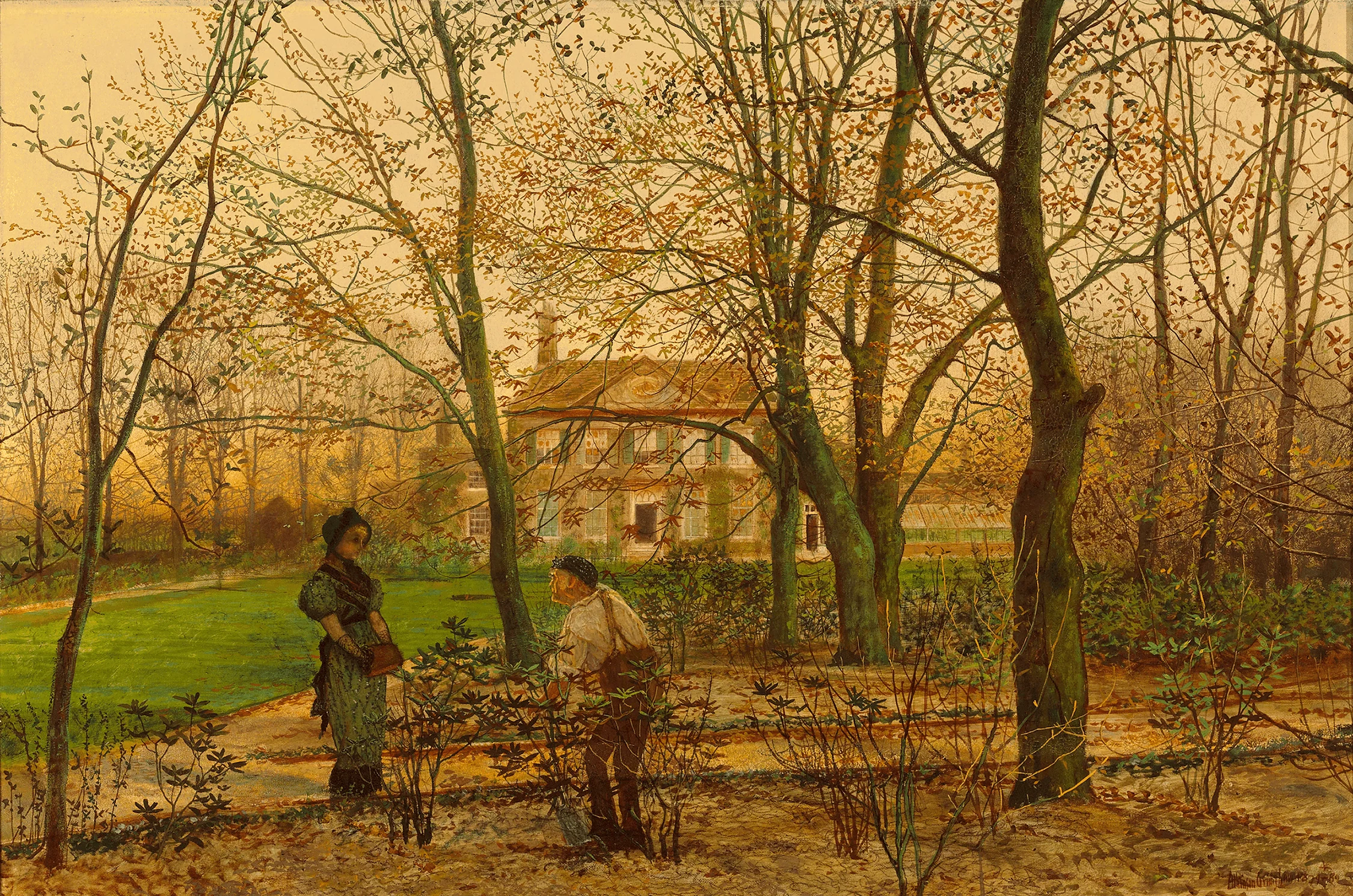 A serene autumnal garden scene featuring two figures in conversation before a grand house.