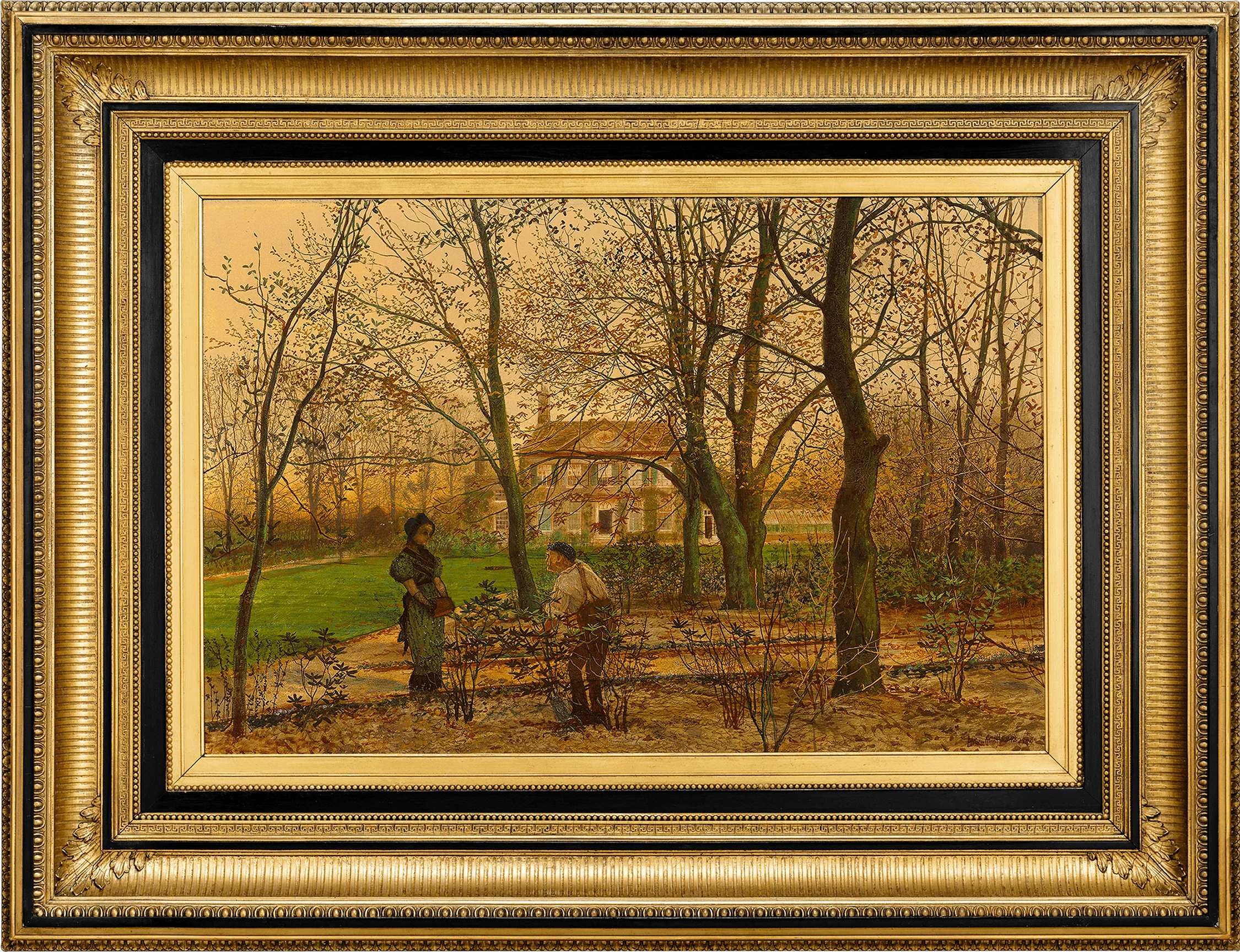A serene autumnal garden scene featuring two figures in conversation before a grand house.
