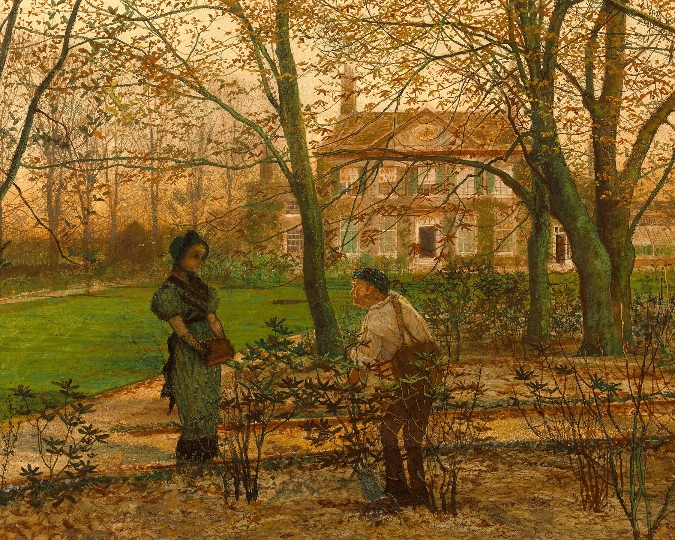 A serene autumnal garden scene featuring two figures in conversation before a grand house.