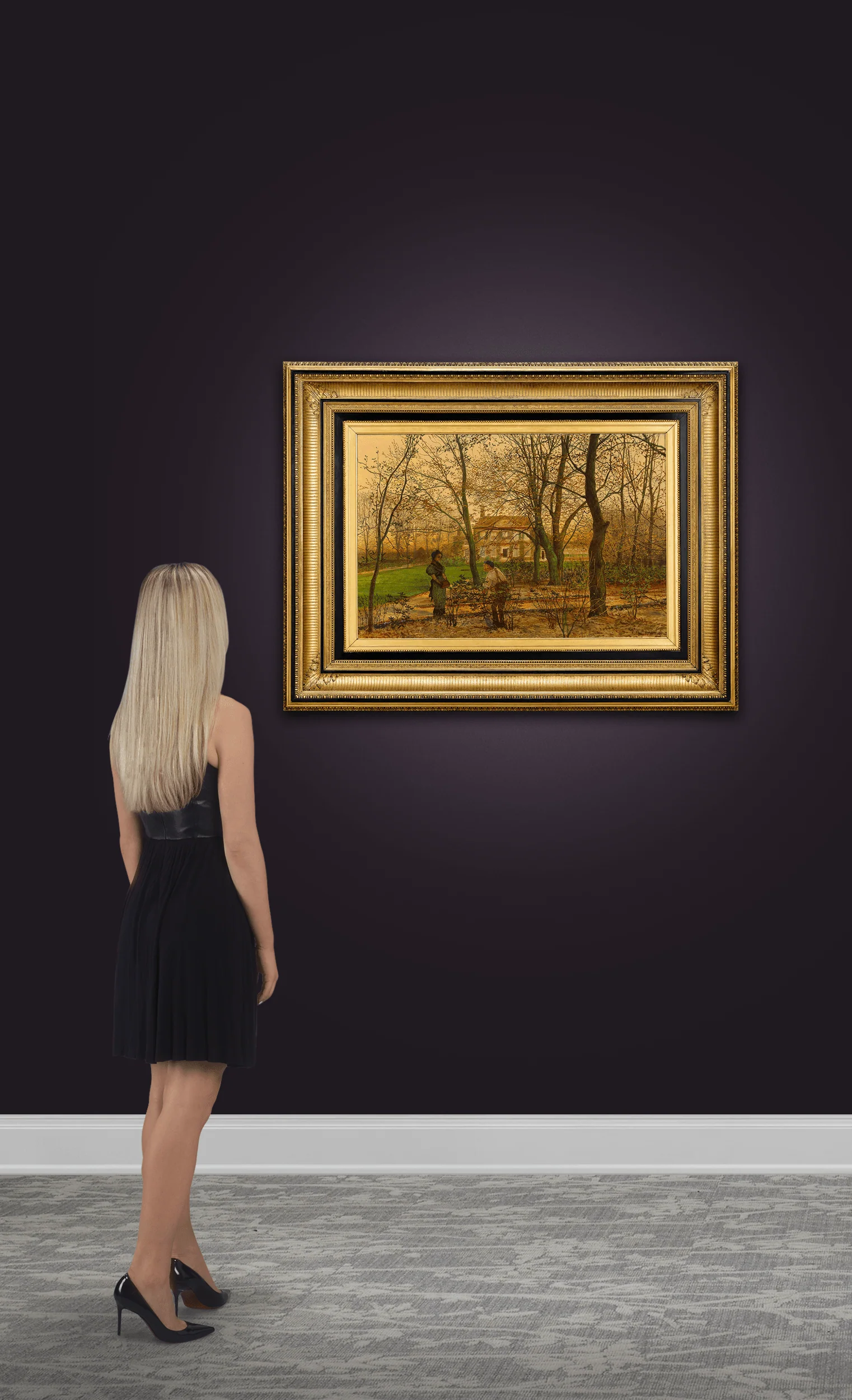 A serene autumnal garden scene featuring two figures in conversation before a grand house.