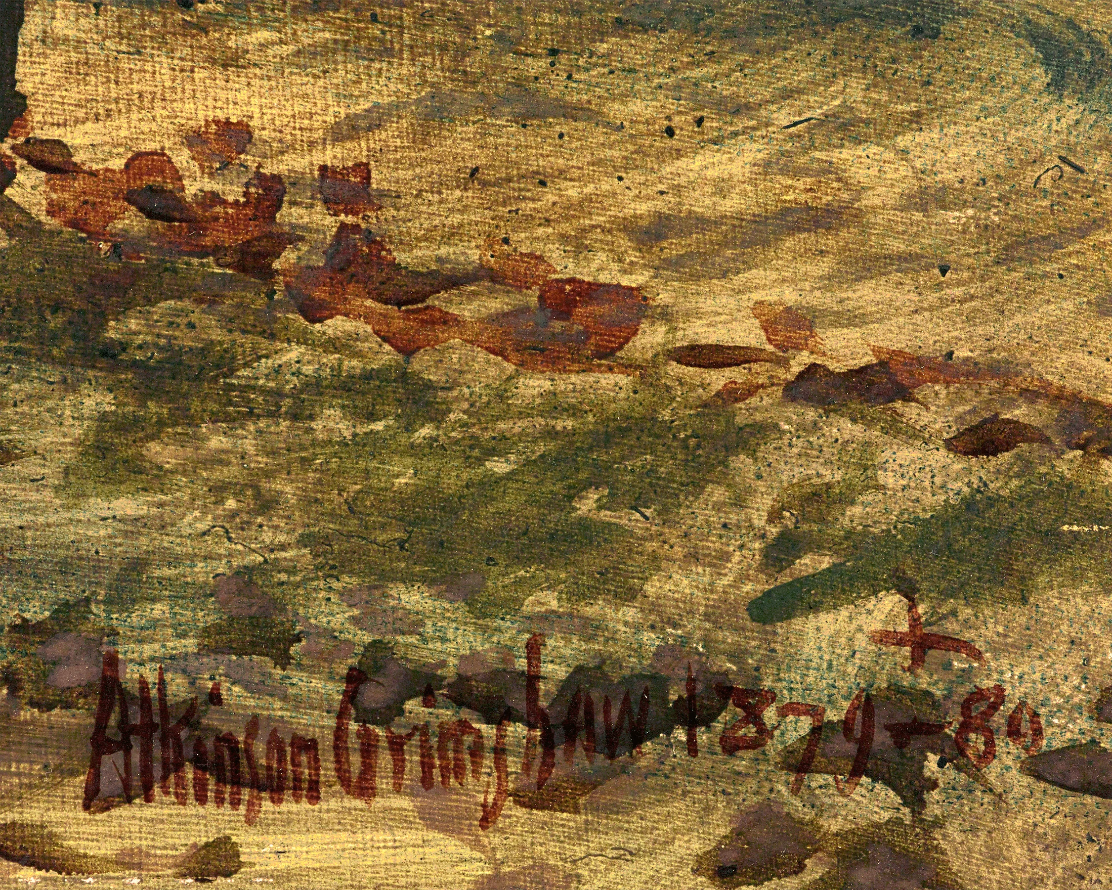 A serene autumnal garden scene featuring two figures in conversation before a grand house.