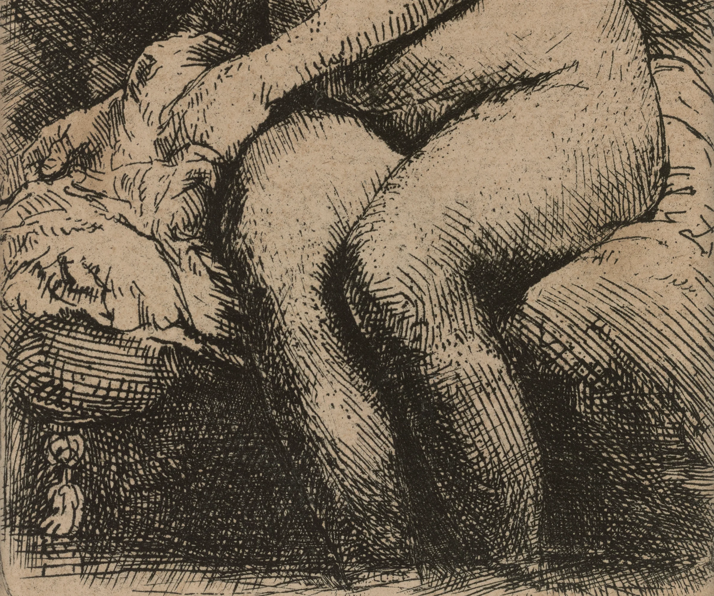 A dramatic etching of a seated nude figure in deep shadow.