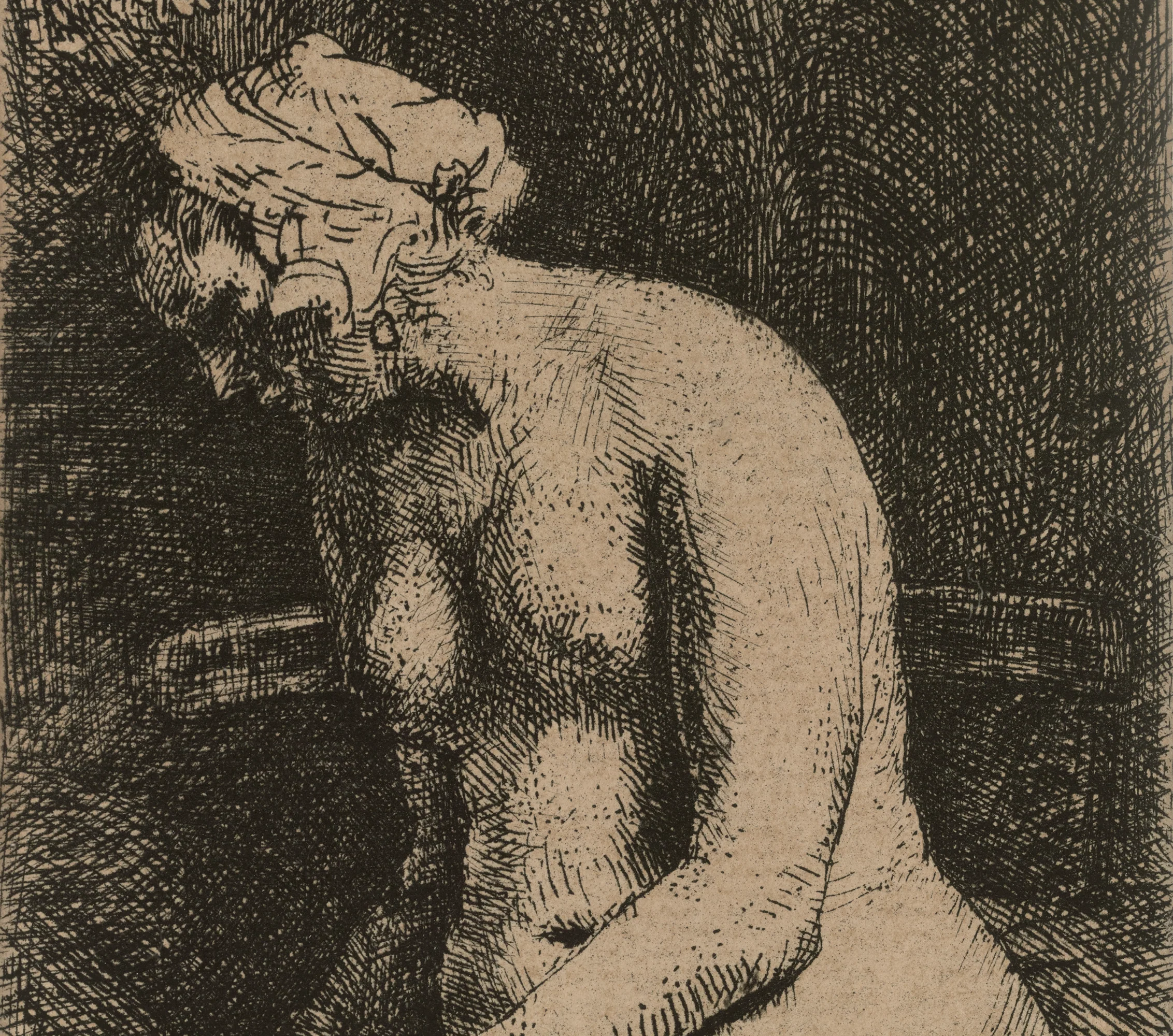 A dramatic etching of a seated nude figure in deep shadow.