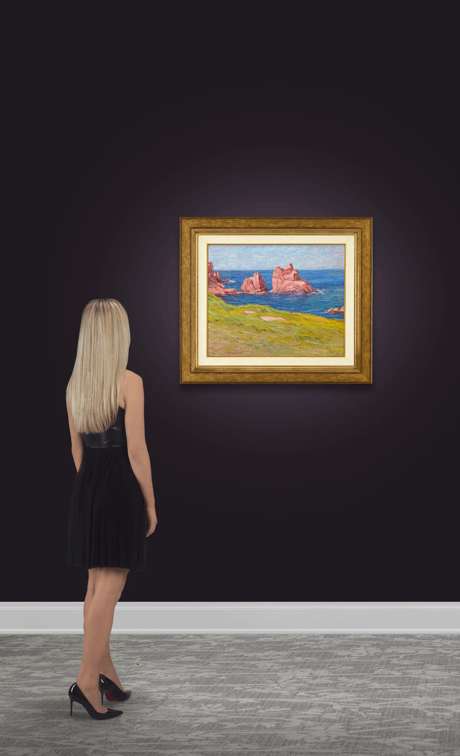 A vibrant impressionist seascape featuring a grassy foreground and striking red rock formations rising from the blue ocean.