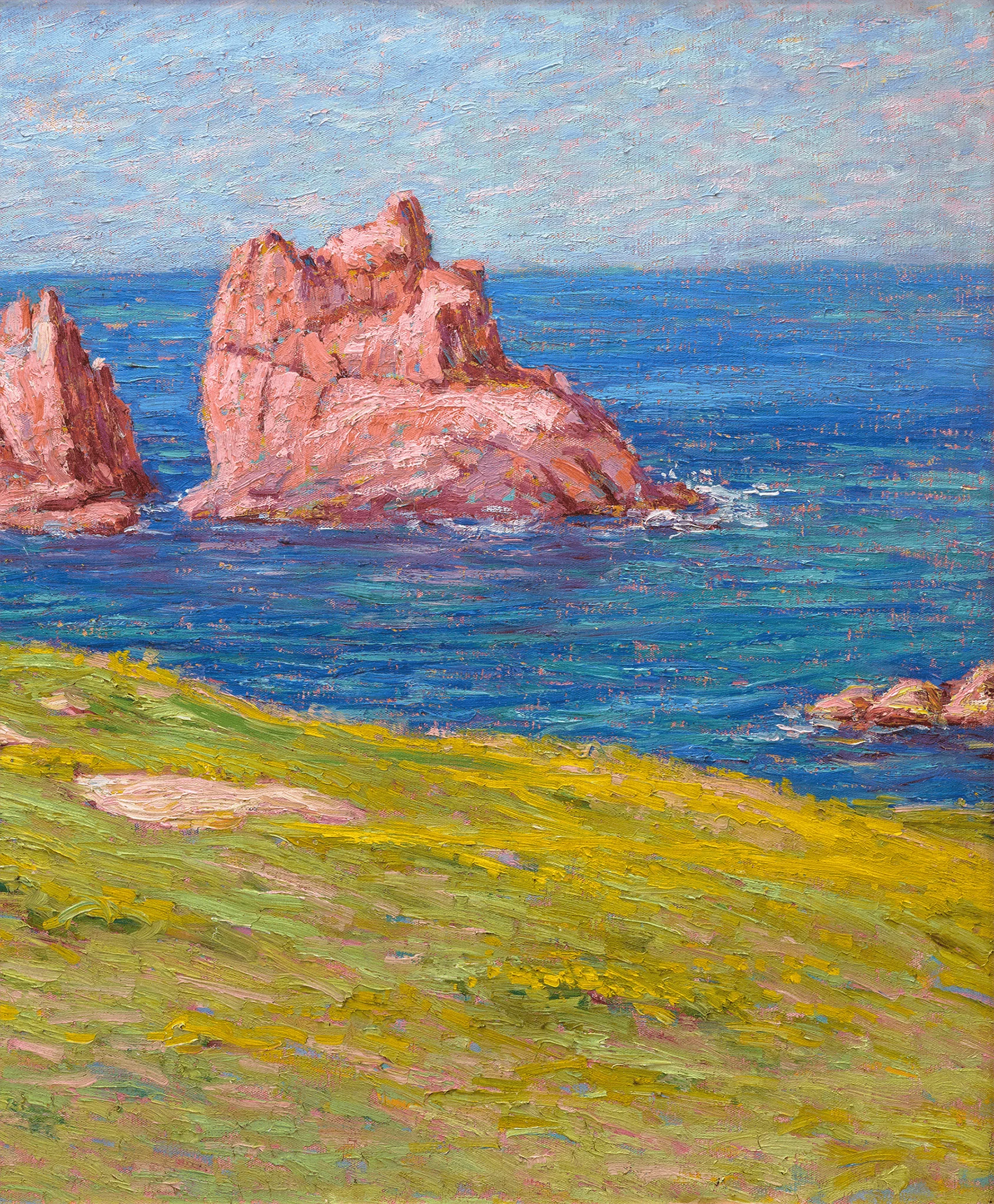 A vibrant impressionist seascape featuring a grassy foreground and striking red rock formations rising from the blue ocean.