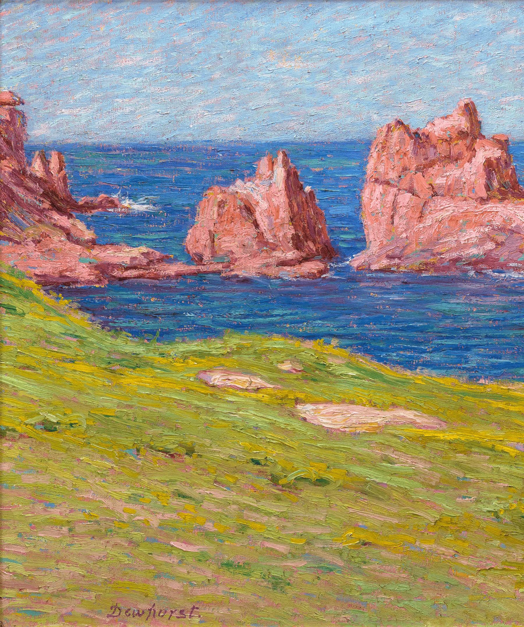 A vibrant impressionist seascape featuring a grassy foreground and striking red rock formations rising from the blue ocean.