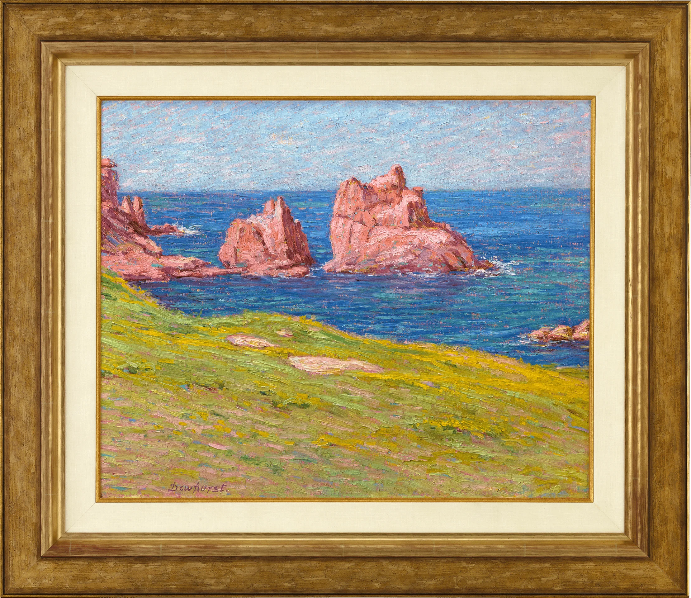 A vibrant impressionist seascape featuring a grassy foreground and striking red rock formations rising from the blue ocean.