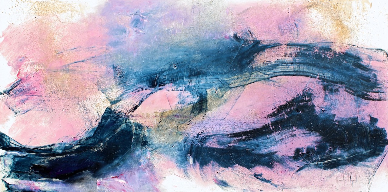A horizontal abstract composition featuring bold, sweeping brushstrokes in deep blues and soft pinks.
