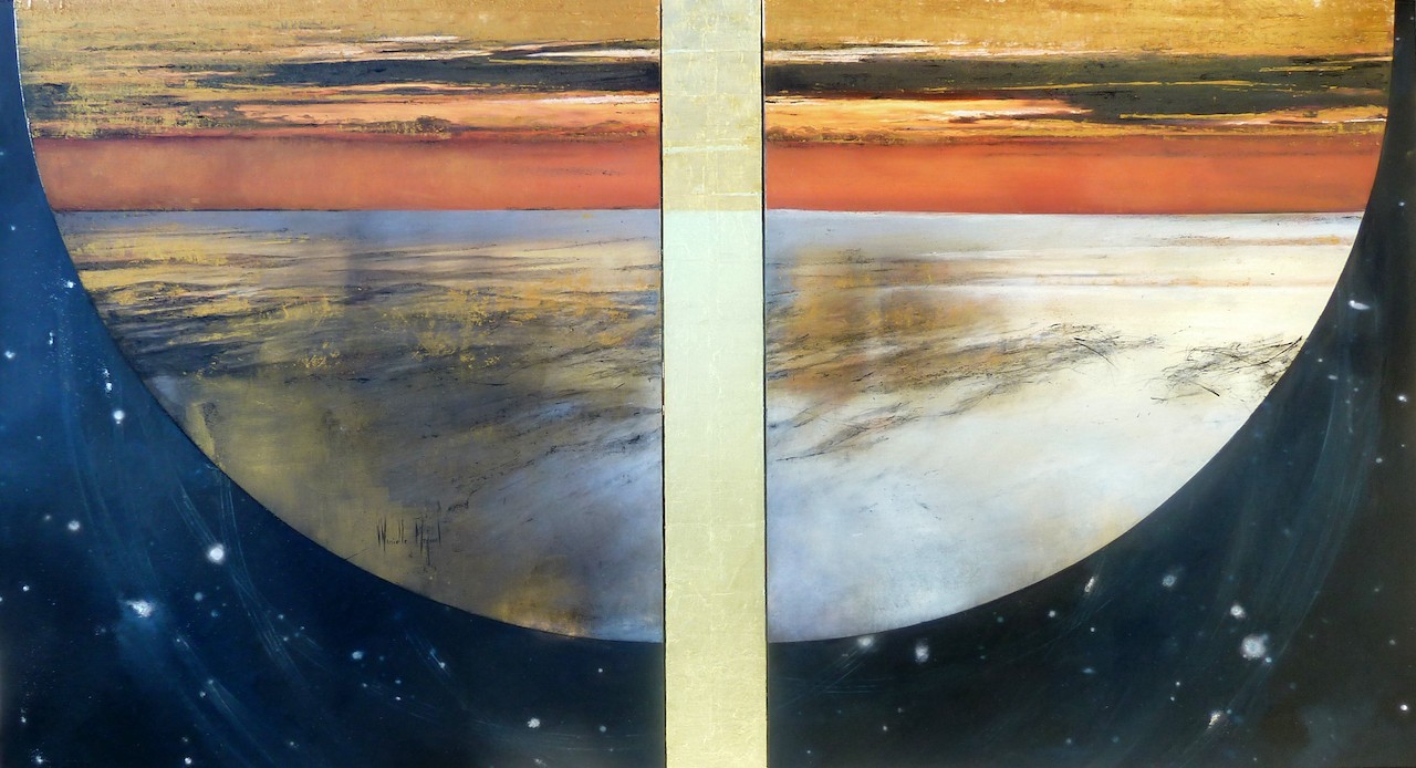 A diptych painting of a celestial landscape featuring a split horizon, starry space, and a reflective surface.