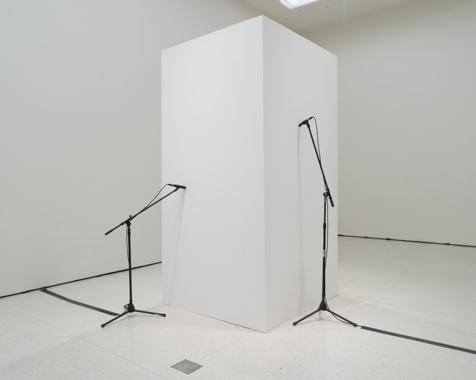 Artwork by Naama Tsabar, Closer, Made of Wood, metal, microphone stands, tuners, guitar strings 