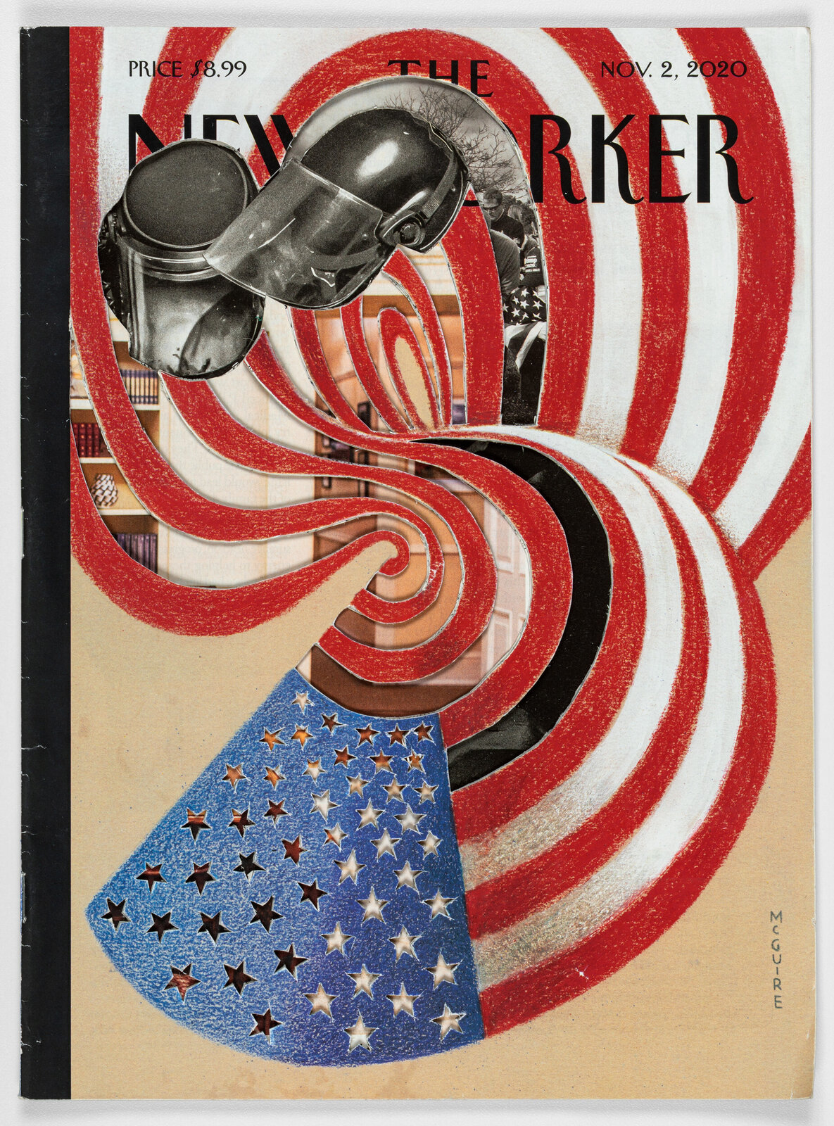 A magazine cover featuring a swirling red and white pattern with a helmet, stars, and books.