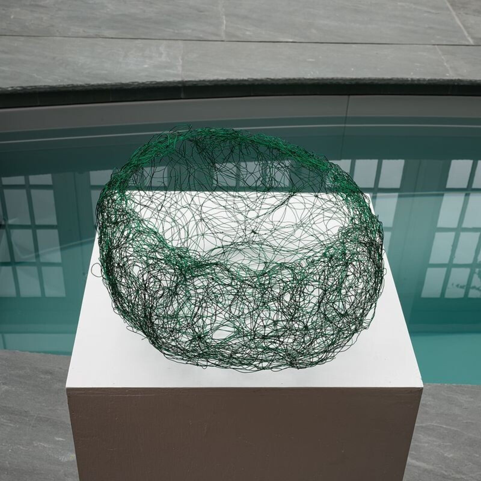 A green wire sculpture resembling a nest sits in a white display case.