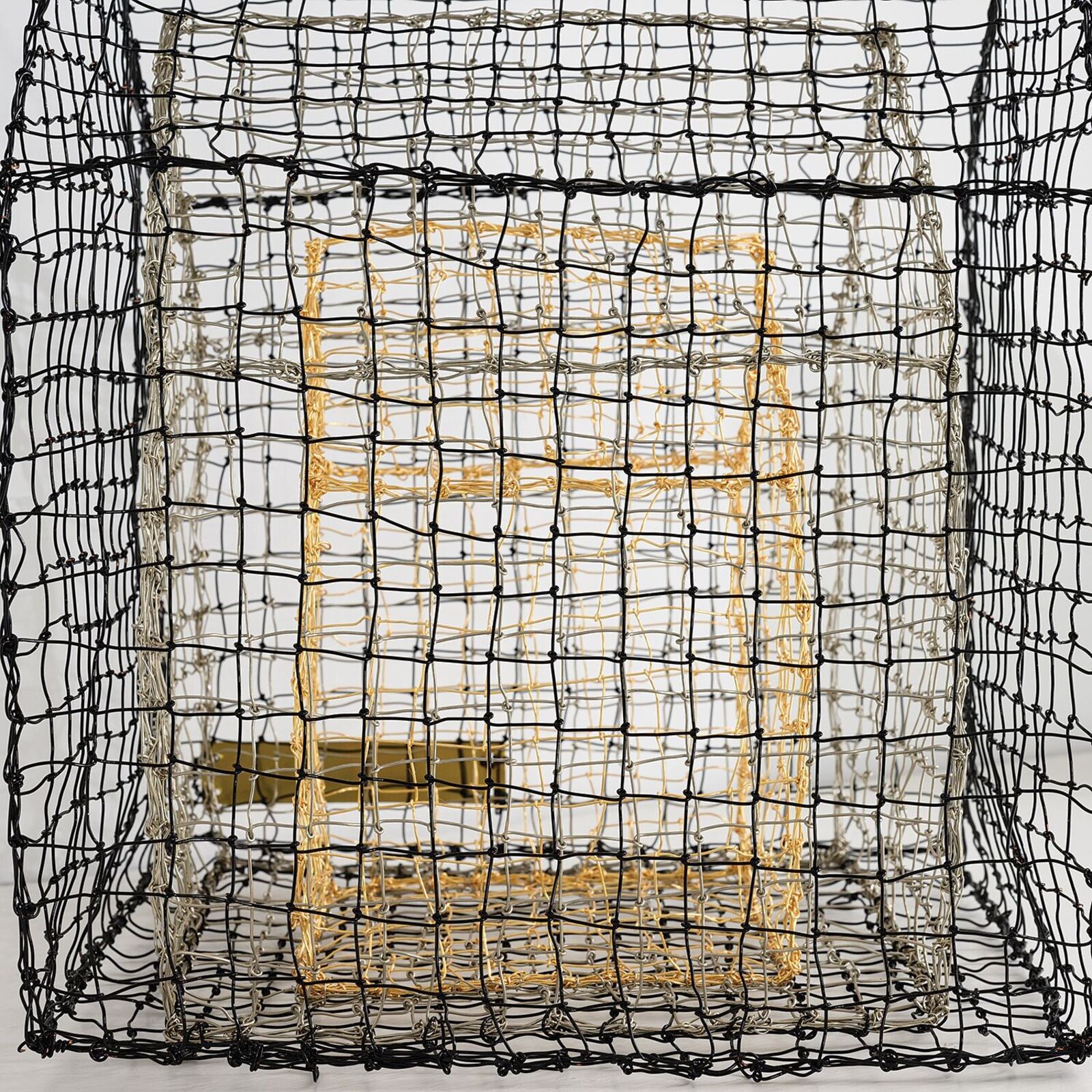 A wireframe house sculpture with a golden interior structure.