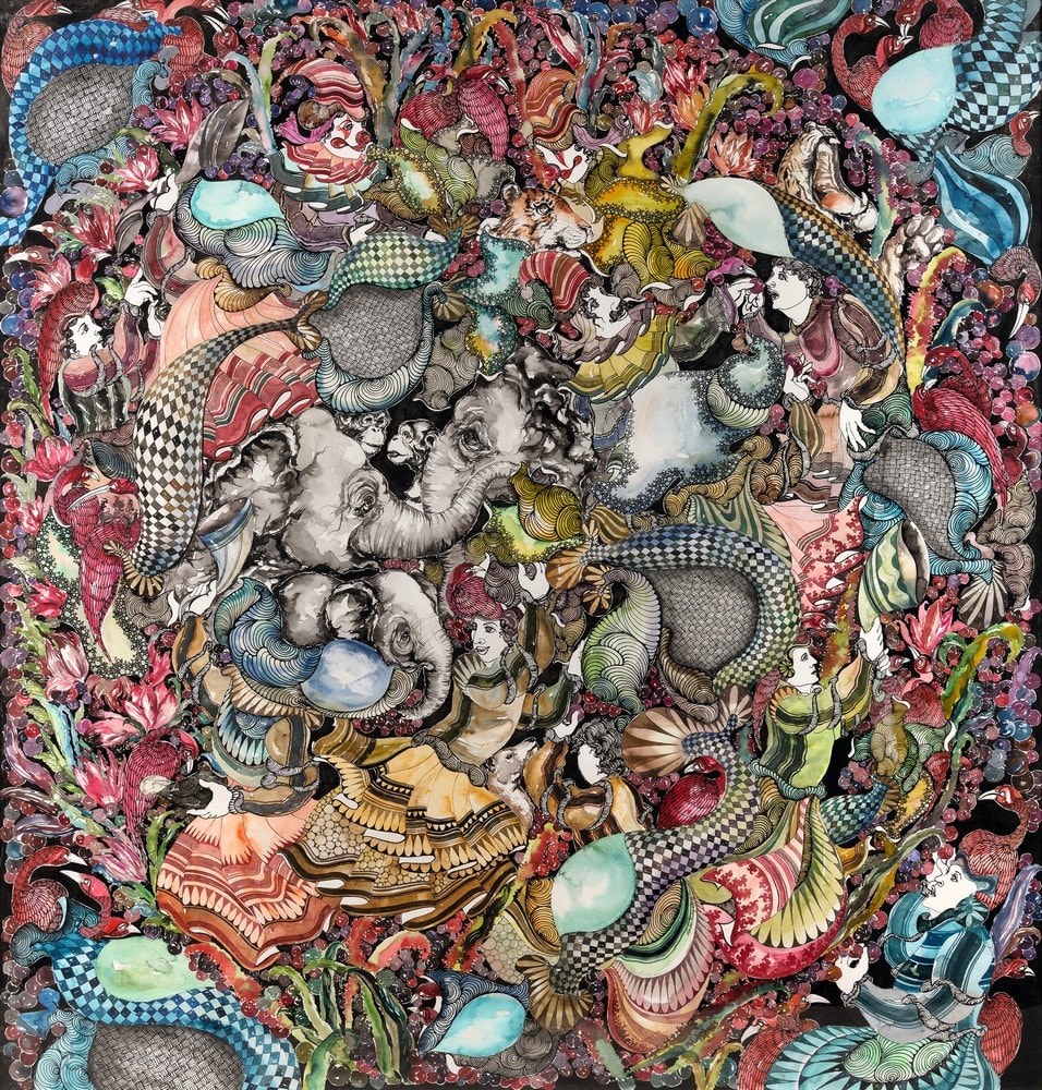 A painting of a large group of people surrounded by animals.