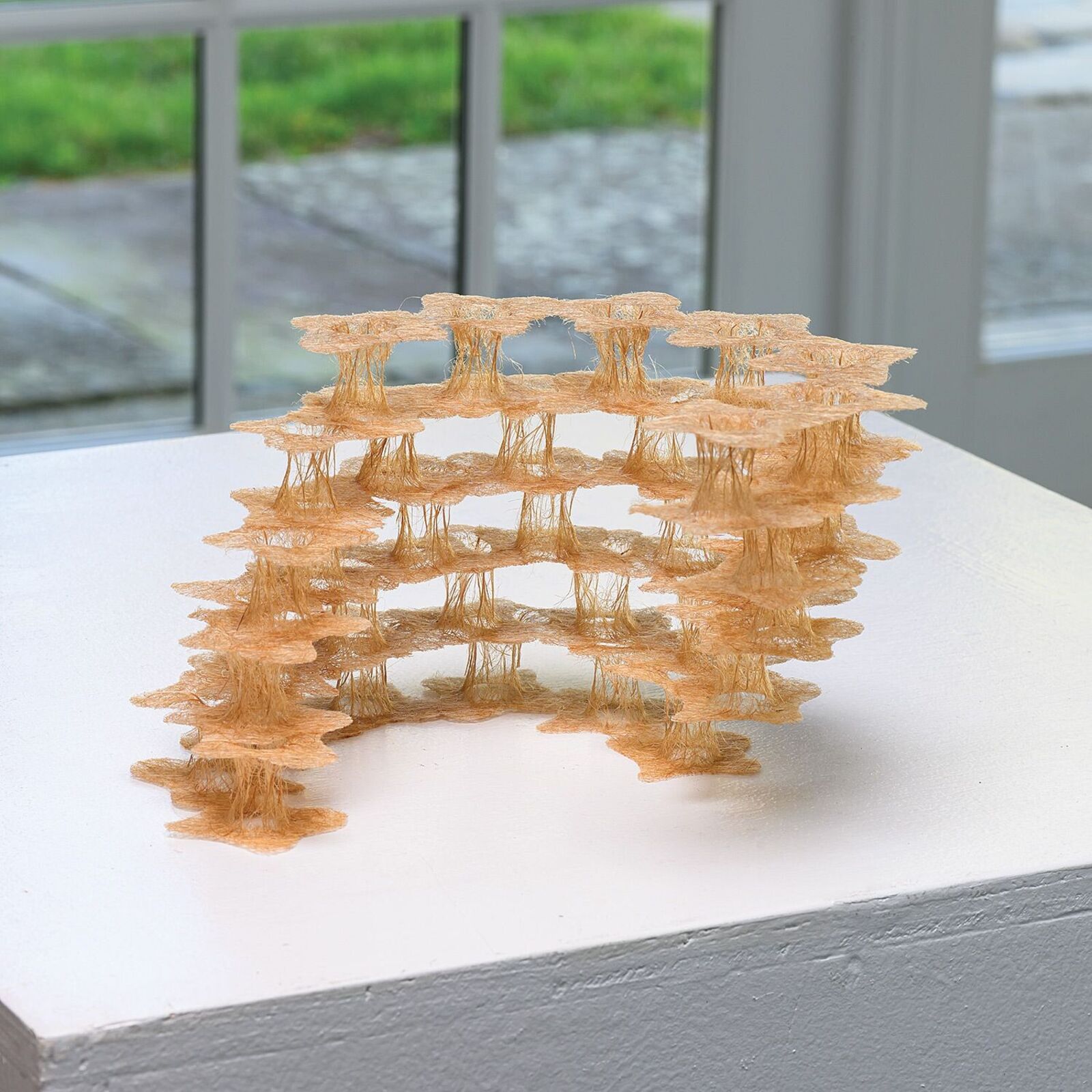 A delicate, multi-layered sculpture made of golden-brown fibers resting on a white surface.