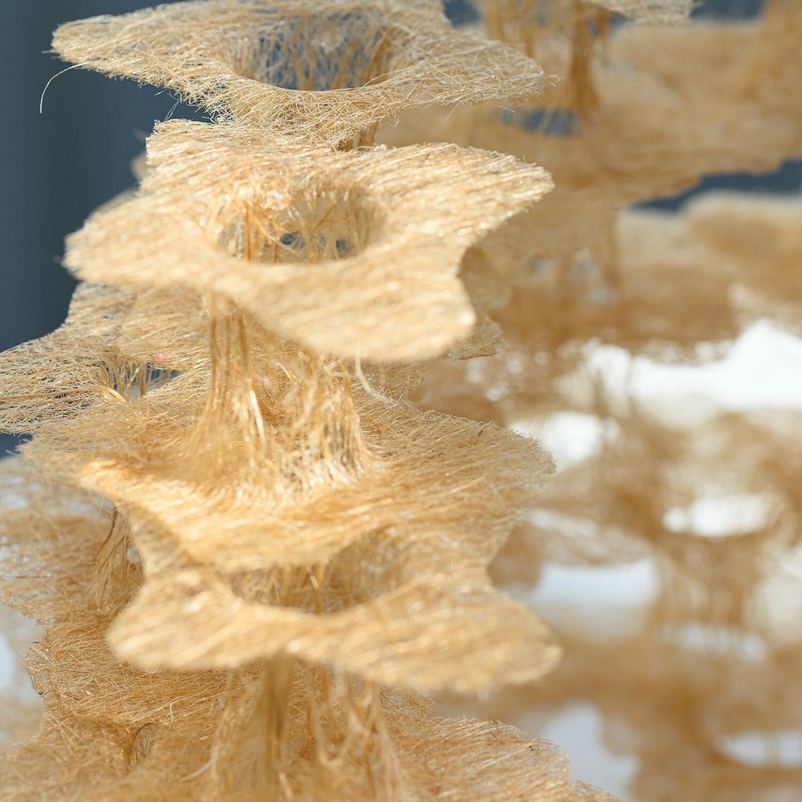 A delicate, multi-layered sculpture made of golden-brown fibers resting on a white surface.