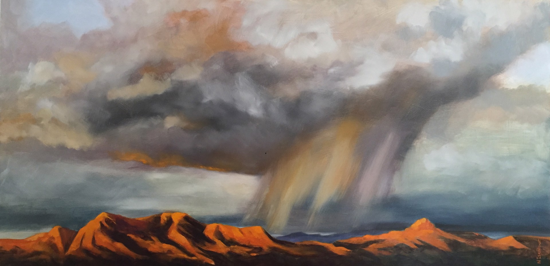 A painting of a stormy sky over a mountain range.