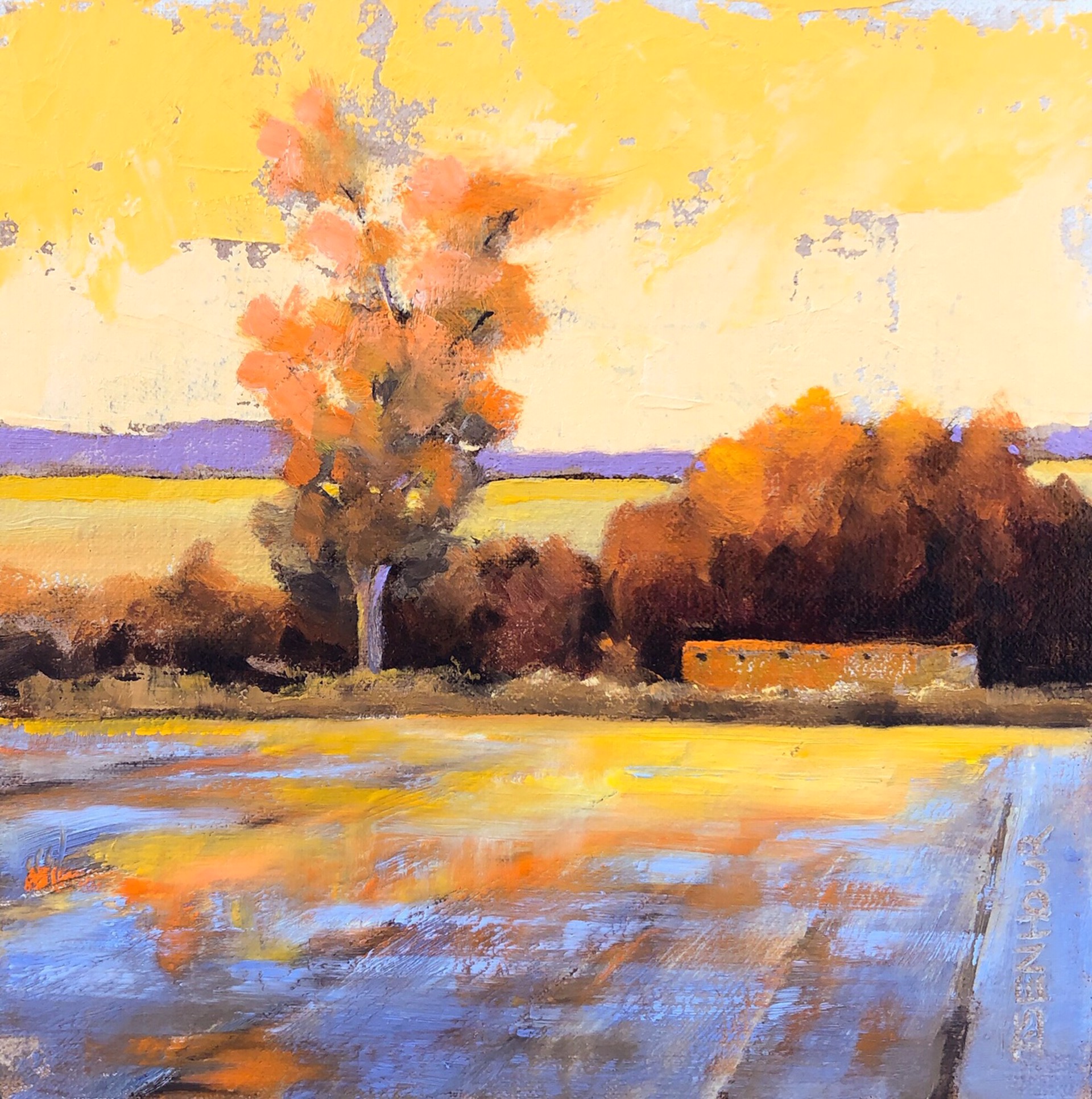 A vibrant landscape painting featuring a solitary tree against a warm, golden sky.