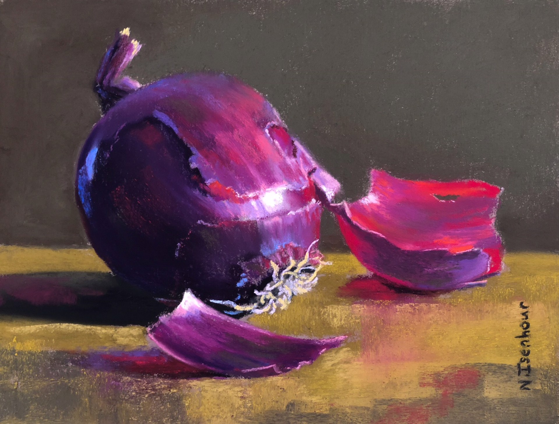 A painting of an onion on a table.