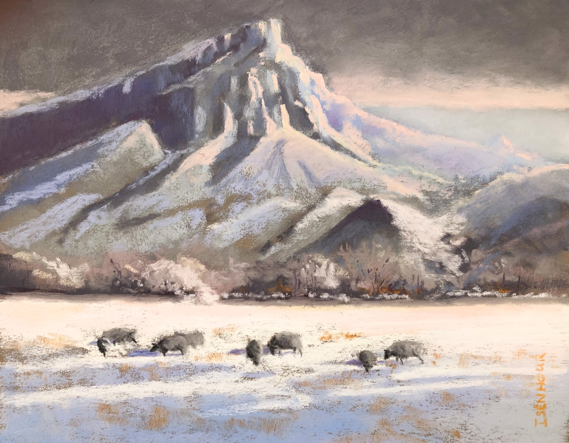 A painting of sheep grazing in a snowy field with mountains in the background.