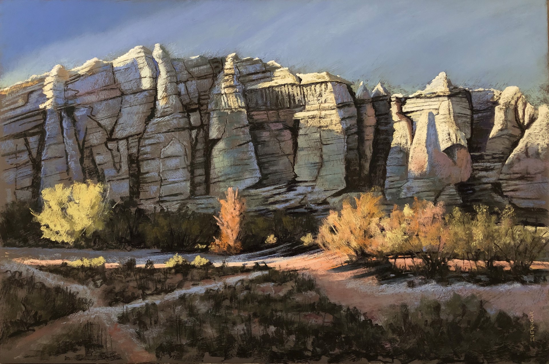 A painting of a desert landscape with rocks and trees.