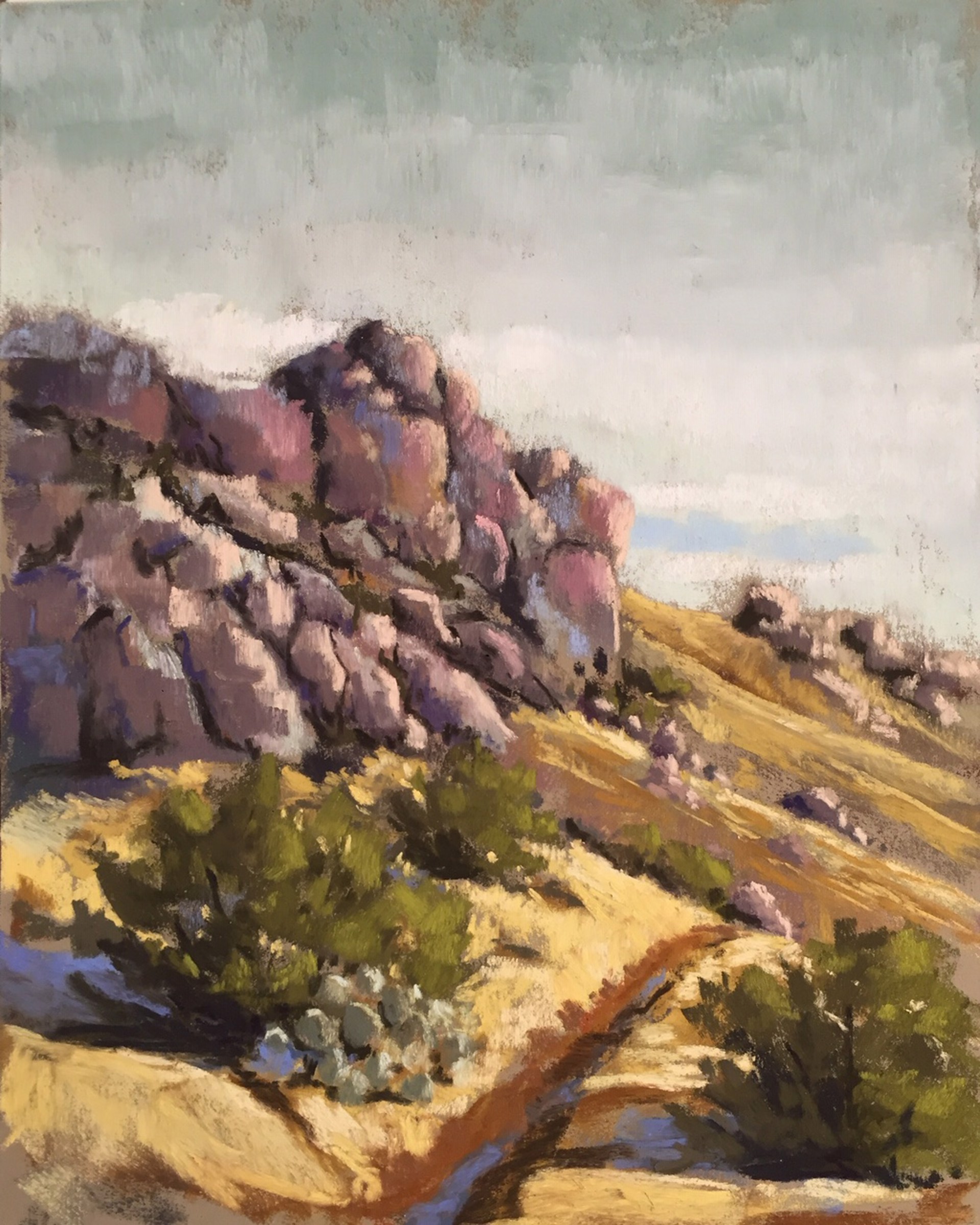 A pastel landscape painting of a rocky desert slope with sparse vegetation under a cloudy sky.