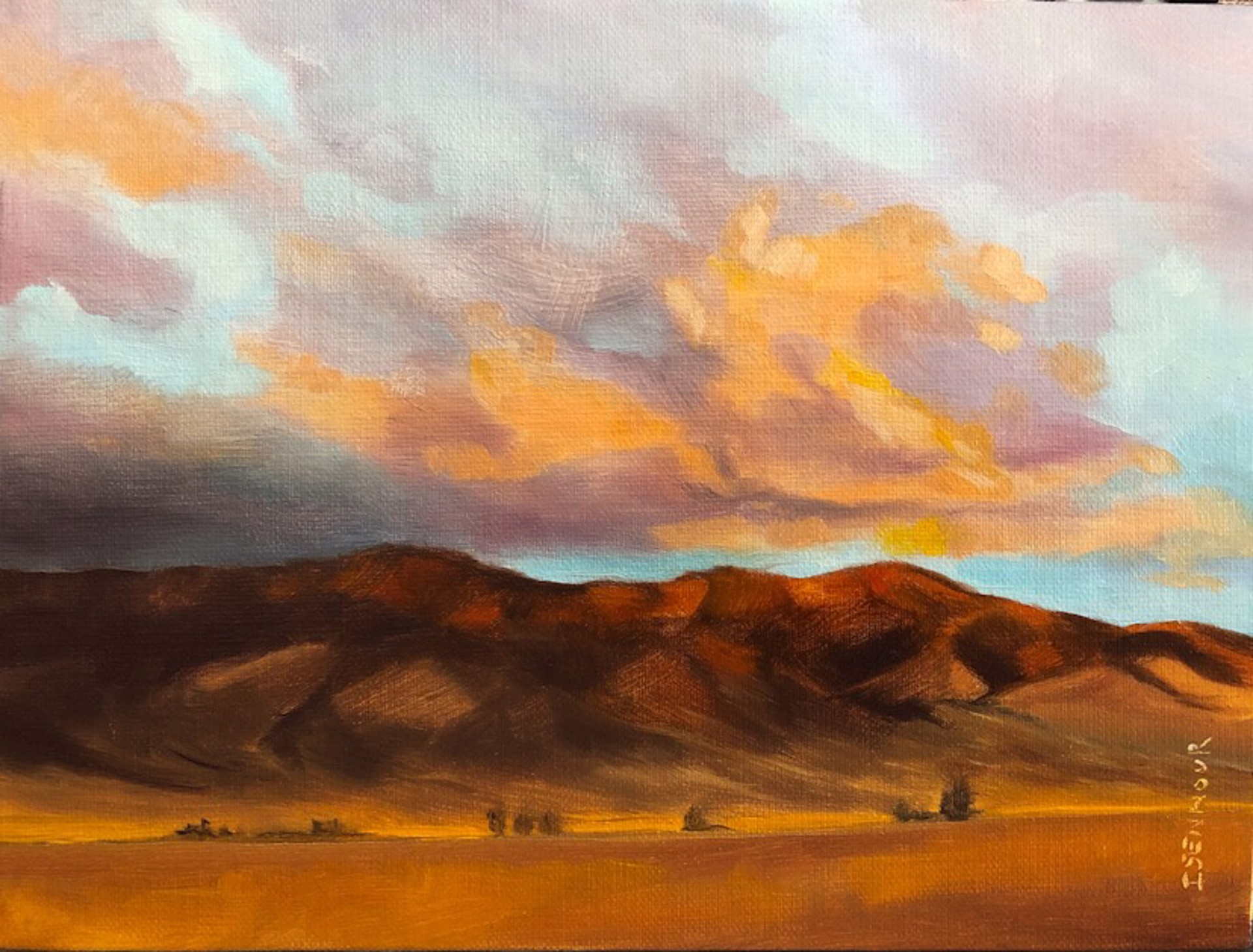 A painting of a sunset over a desert landscape.