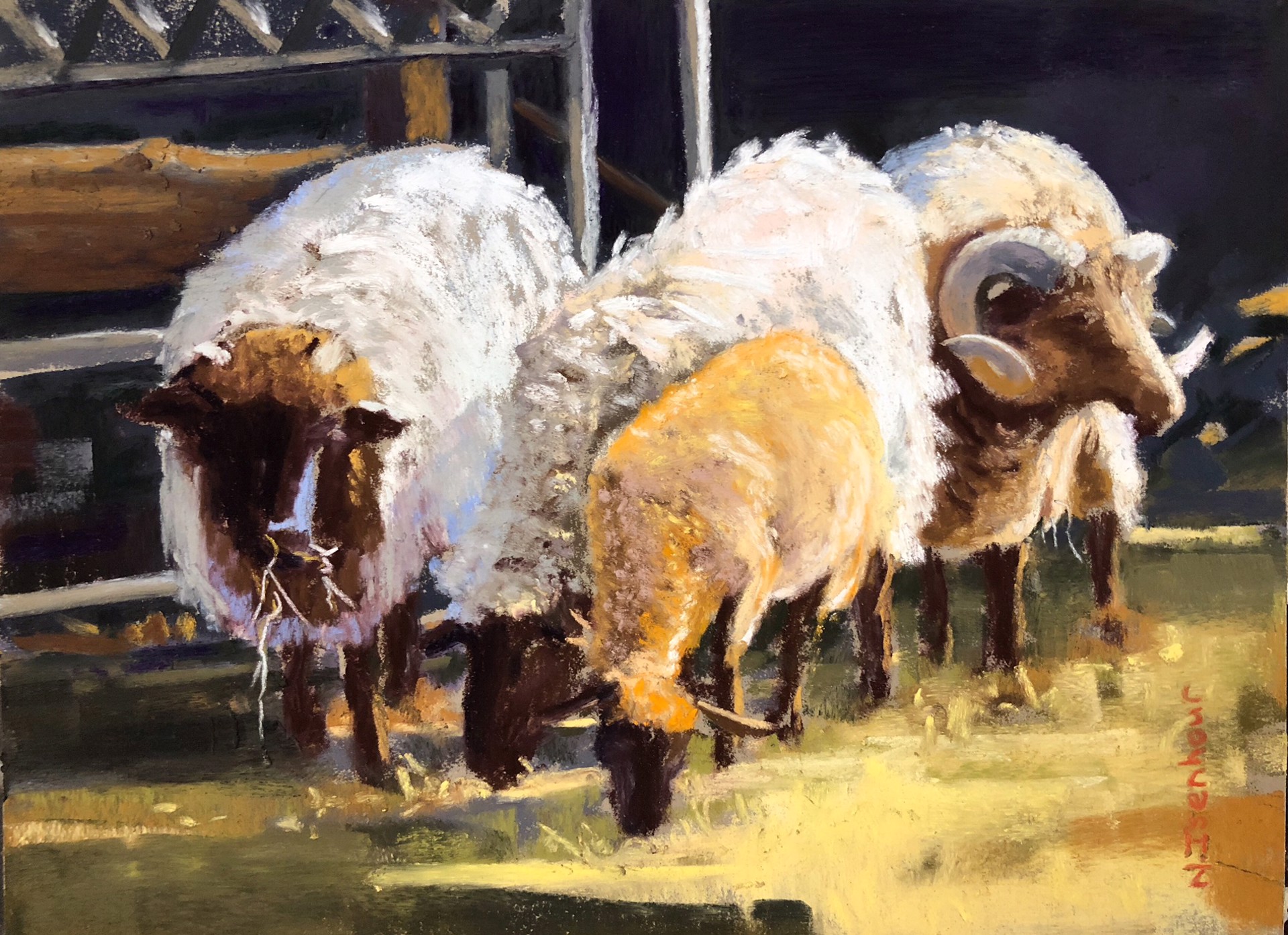 A painting of three sheep eating hay in a pen.
