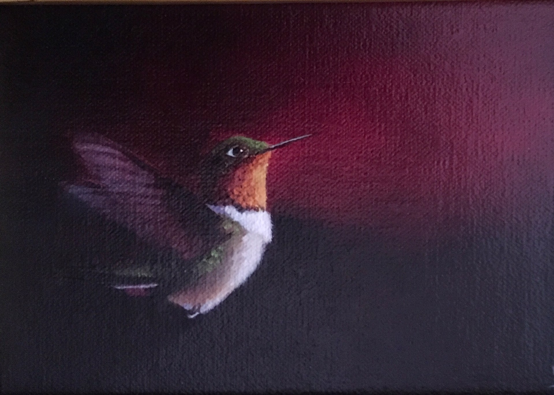 A painting of a hummingbird flying through the air.