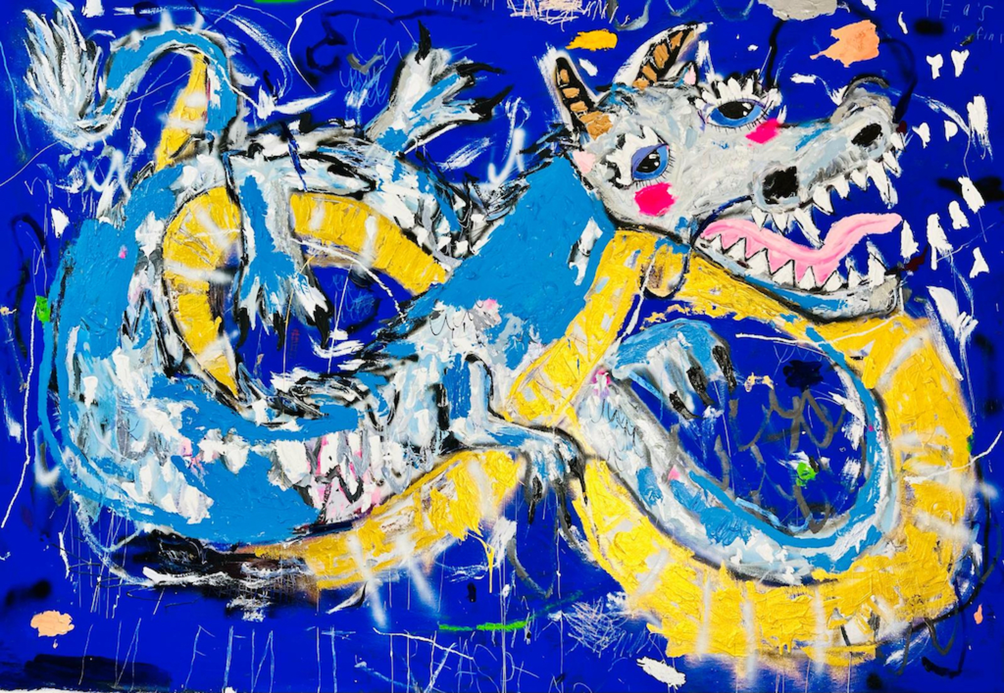 A painting of a blue and yellow dragon on a blue background.