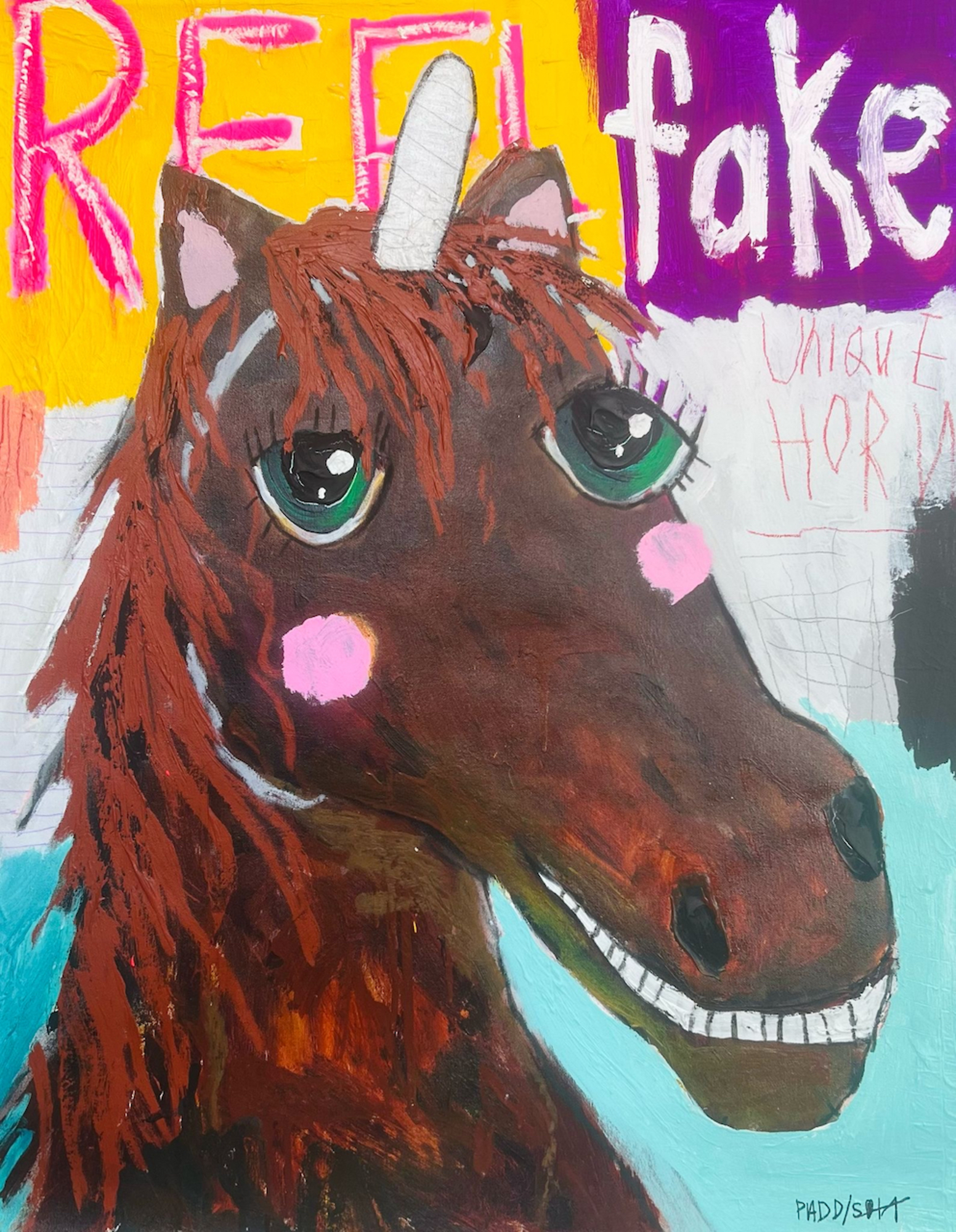 A painting of a horse with a unicorn horn on its head.