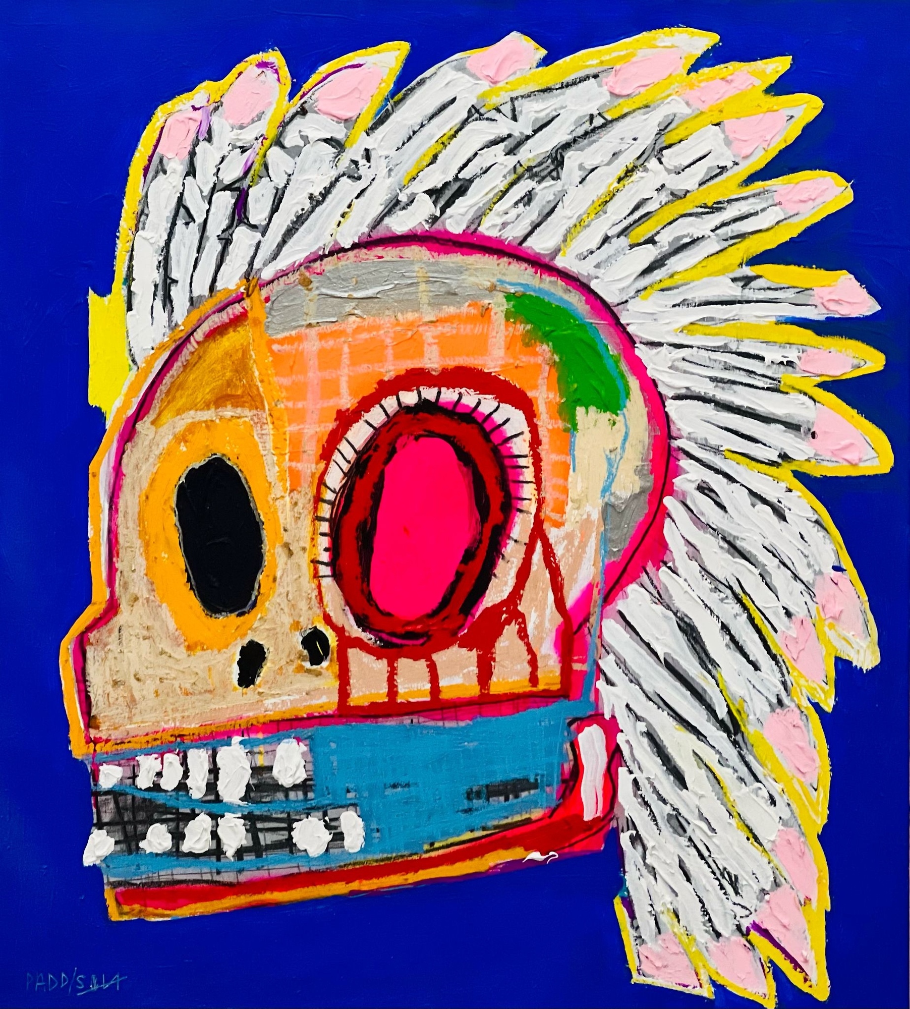 A painting of a skull with a mohawk on it's head.