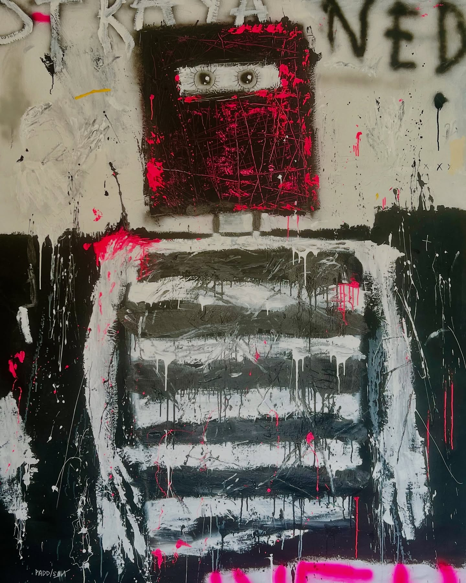 A painting of a radio on a wall covered in graffiti.